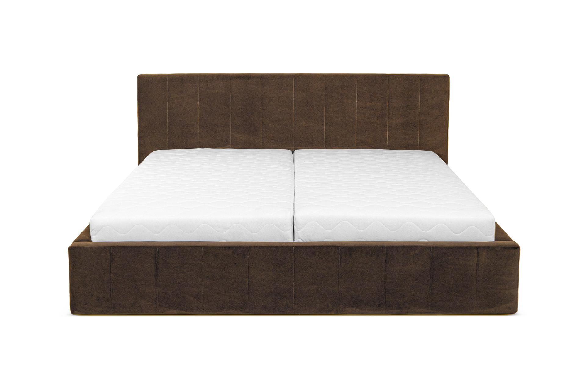 Łóżko tapicerowane Curacao 160x200cm z listwowym stelażem i schowkiem, łóżko na sprężynach hydraulicznych, łóżko tapicerowane aksamitem, łóżko podwójne, funkcjonalne łóżko, brązowe.