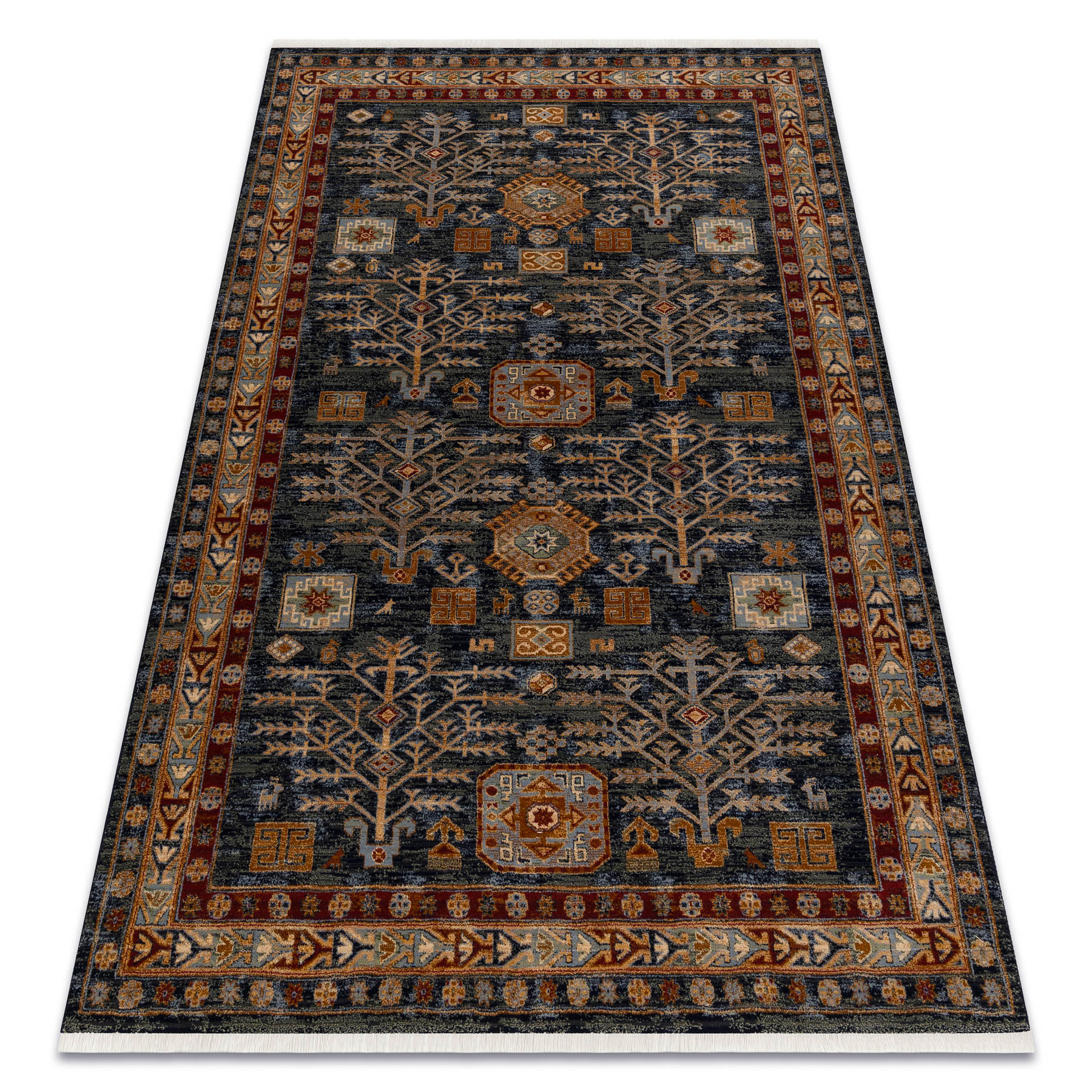 Dywan KESHAN Frędzle, Ramka orientalny 6174/53511 granat / bordo niebieski 250x340 cm