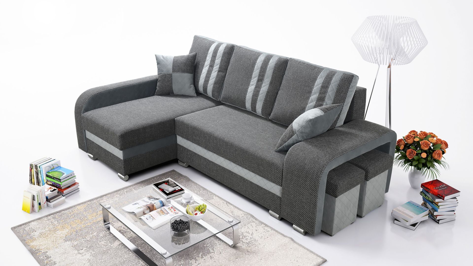 Robin York sofa narożna z funkcją spania 2x pojemnik na pościel 2x małe poduszki 2x taboret Sofa Sofa w kształcie litery L Wolnostojąca sofa narożna Meble do salonu Krajobraz salonu Szary