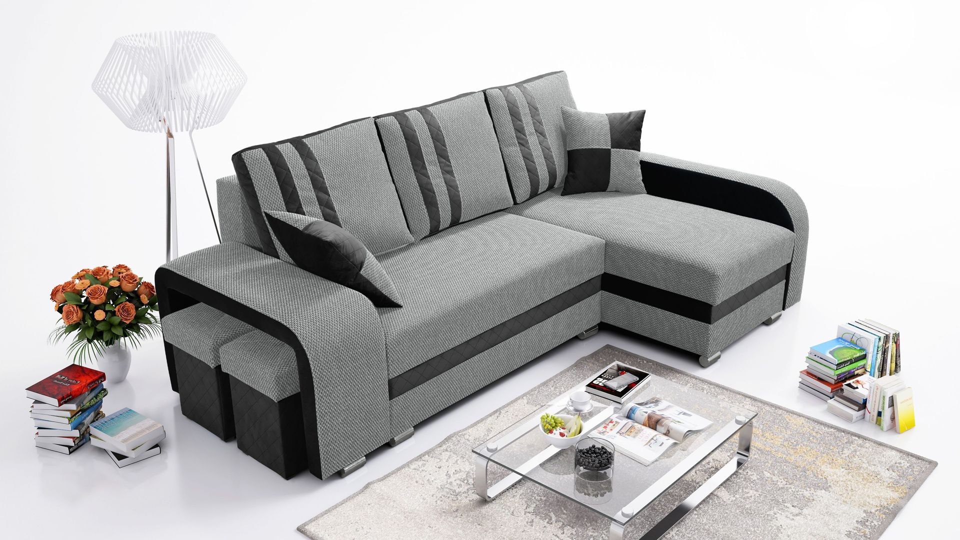 Robin York sofa narożna z funkcją spania 2x pojemnik na pościel 2x małe poduszki 2x taboret Sofa Sofa w kształcie litery L Wolnostojąca sofa narożna Meble do salonu Część dzienna prawa Czarny Szary