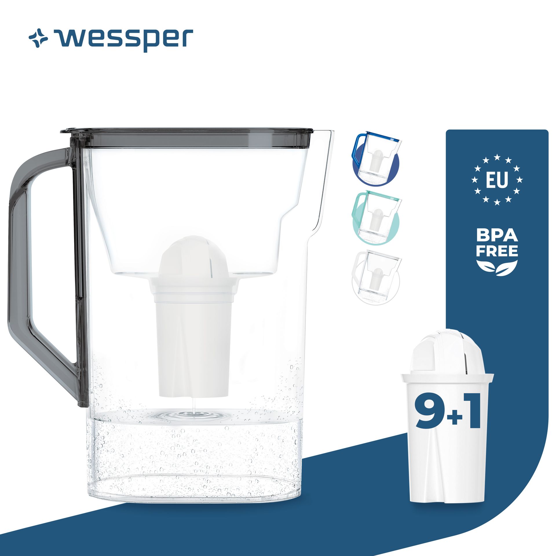 Dzbanek filtrujący do lodówki Wessper D3 Slim Aquaclassic 2,7 l czarny Kompatybilny z filtrami Brita i Aquaphor + 10 wkładów filtrujących Aquaclassic