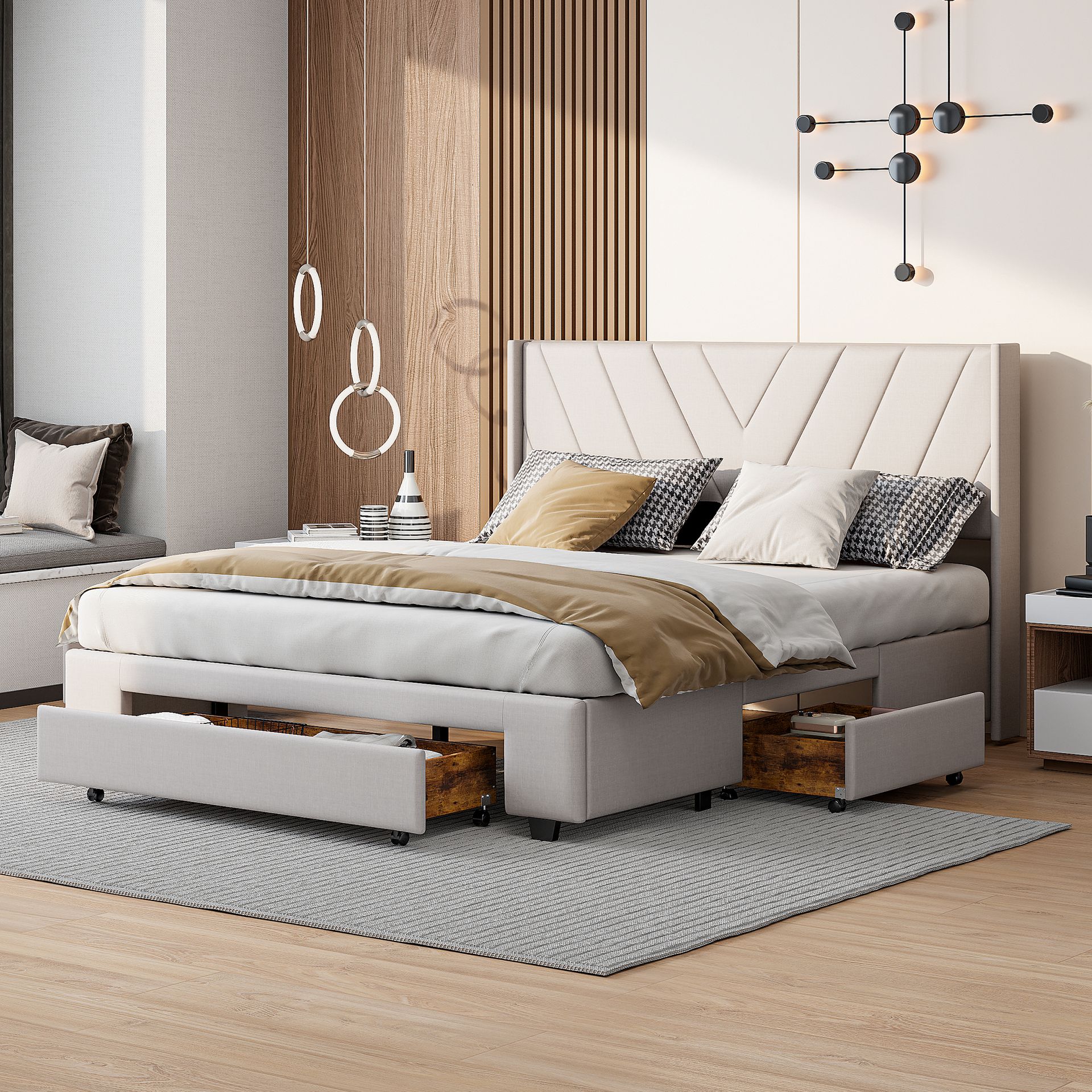 Łóżko tapicerowane Fortuna Lai 160x200cm z 3 szufladami, stelażem listwowym i wezgłowiem, łóżko podwójne Łóżko młodzieżowe z lnu, funkcjonalne, beżowe