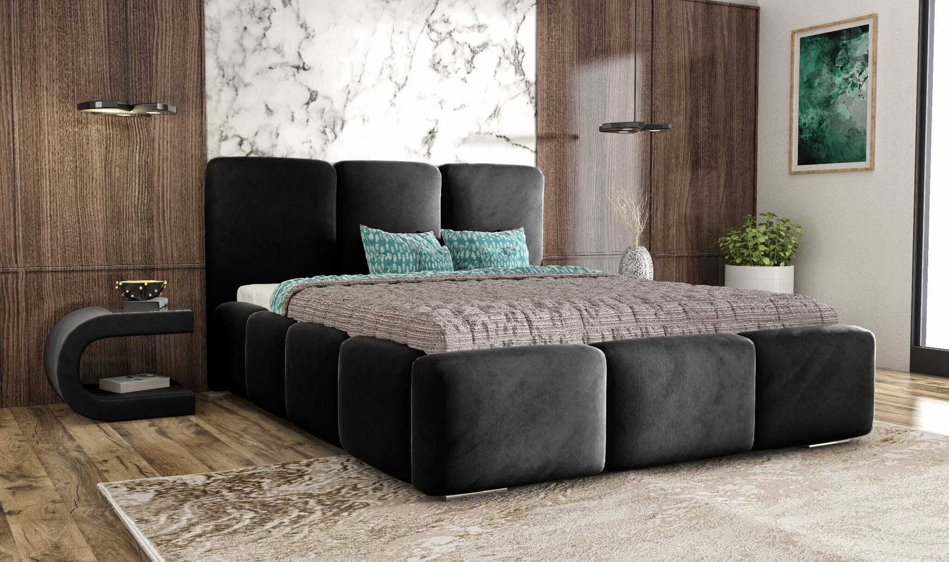 Łóżko tapicerowane AGMAT ROYAL z wezgłowiem, 200 x 200 cm, łóżko podwójne z podstawą łóżka i stelażem z listew metalowych, tkanina welurowa, kolor: czarny