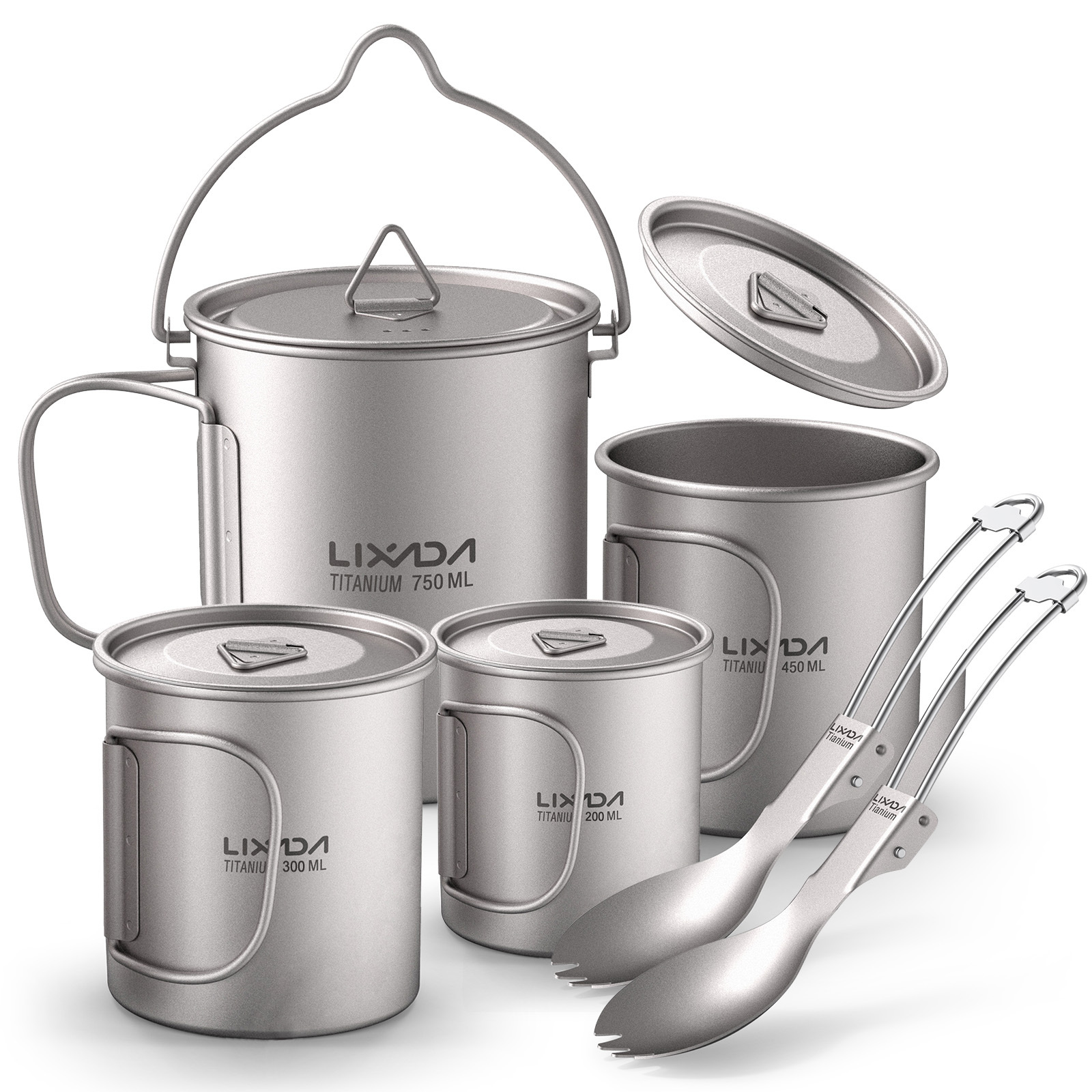 Lekki 6-częściowy zestaw Ti 750 ml dzbanek 450 ml i 350 ml i 200 ml kubek na wodę z pokrywką składany uchwyt składana kostka do biwakowania na świeżym powietrzu wędrówki z plecakiem