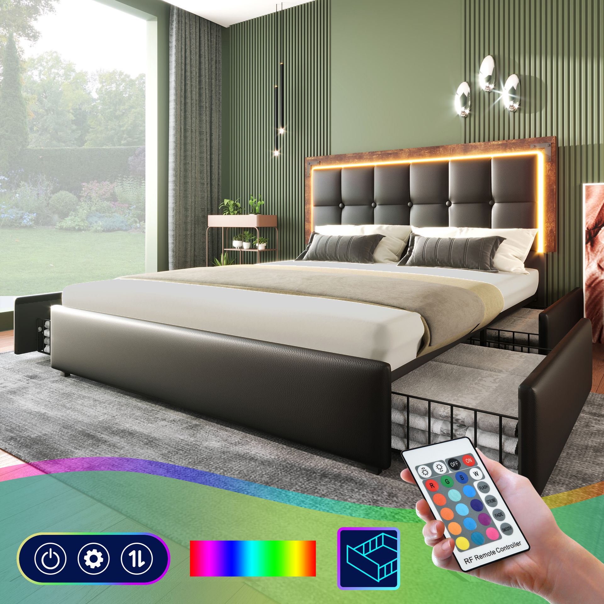 Rama łóżka Sweiko z listwą oświetleniową LED i 4 szufladami, łóżko podwójne, łóżko tapicerowane 160x200 cm, zagłówek z regulacją wysokości, funkcjonalne łóżko, PU czarny (bez materaca)