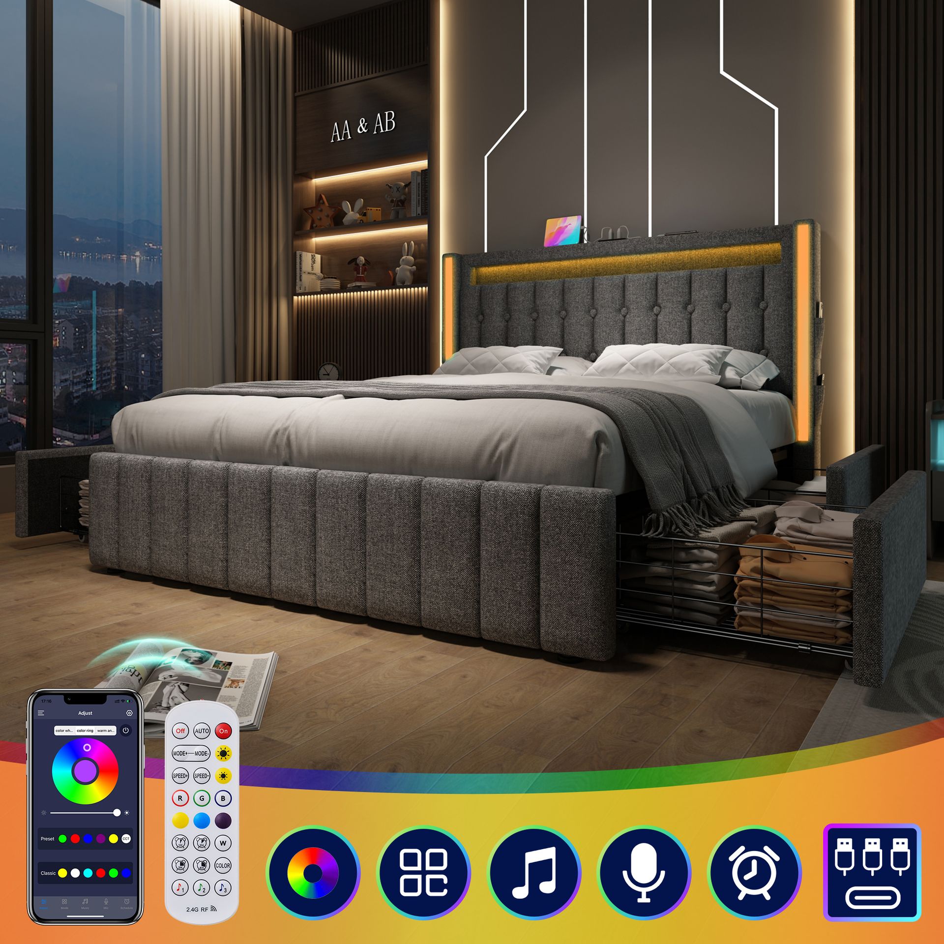 Łóżko tapicerowane Sweiko Funkcja ładowania USB typu C Oświetlenie LED i 4 szuflady, łóżka młodzieżowe 160x200 cm podwójne łóżko do przechowywania rama łóżka, drewniana rama z listew, szara (bez materaca)