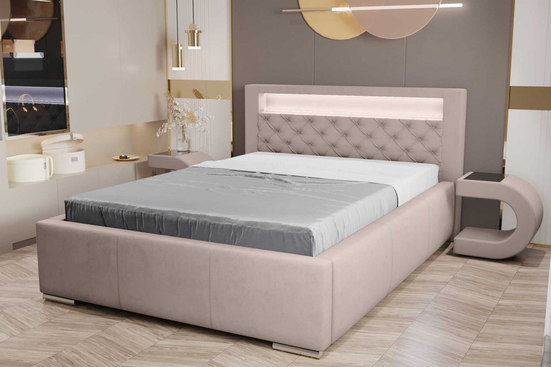 Łóżko tapicerowane AGMAT TUNIS z wezgłowiem, 160 x 200 cm, łóżko podwójne z podstawą łóżka i stelażem z metalowych listew, tkanina welurowa: beżowy