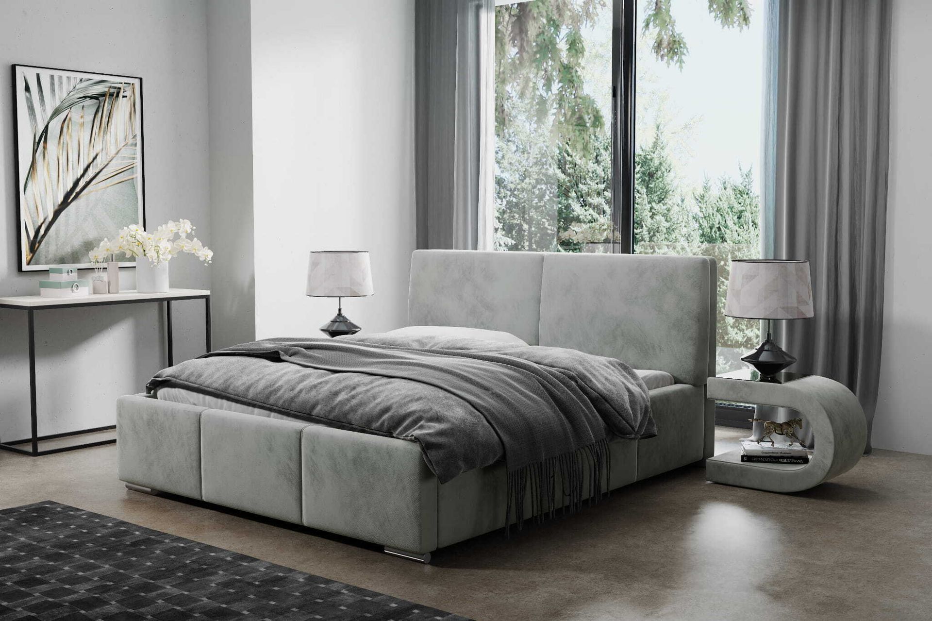 Łóżko tapicerowane AGMAT FIGO z wezgłowiem, 200 x 200 cm, łóżko podwójne z podstawą łóżka i stelażem z metalowych listew, tkanina welurowa: jasnoszary