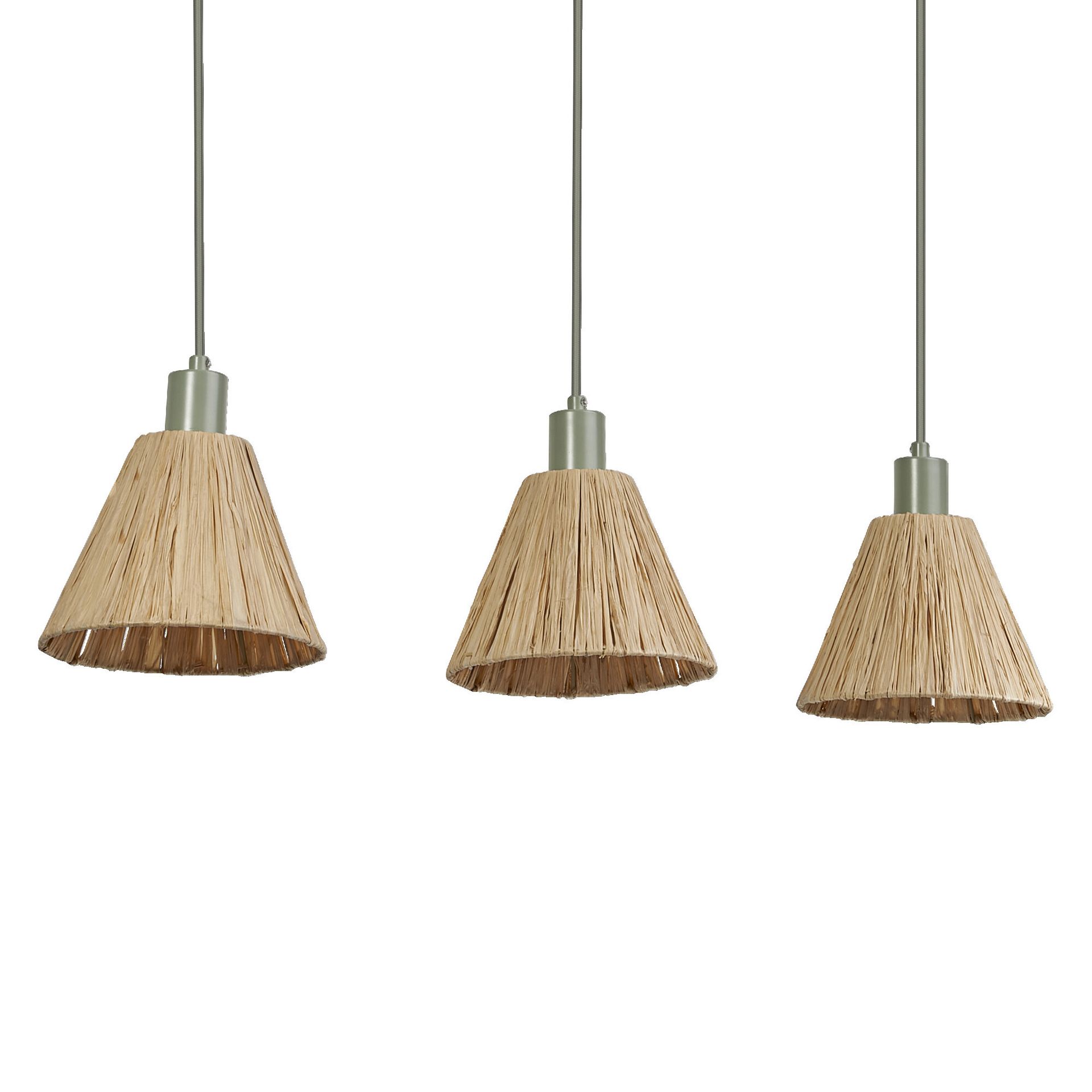 Lampa wisząca LEDVANCE 3-light Decor Raffia Linear zielona wykonana z rafii i metalu, E27, długość 845 mm, klosz wykonany z materiału pochodzącego z recyklingu, ekologiczna dzięki wymiennemu źródłu światła, łatwy montaż