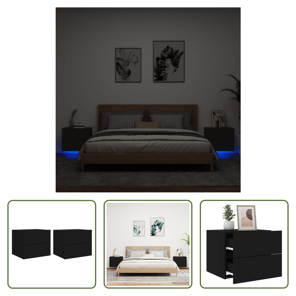 The Living Store Szafki nocne ścienne z oświetleniem LED 2 szt. czarne