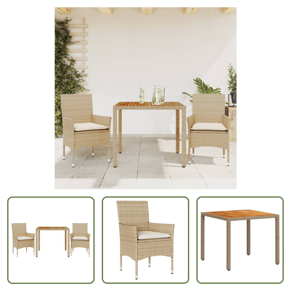 The Living Store 3-częściowy ogrodowy zestaw jadalniany z poduszkami Beżowy rattan akacjowy