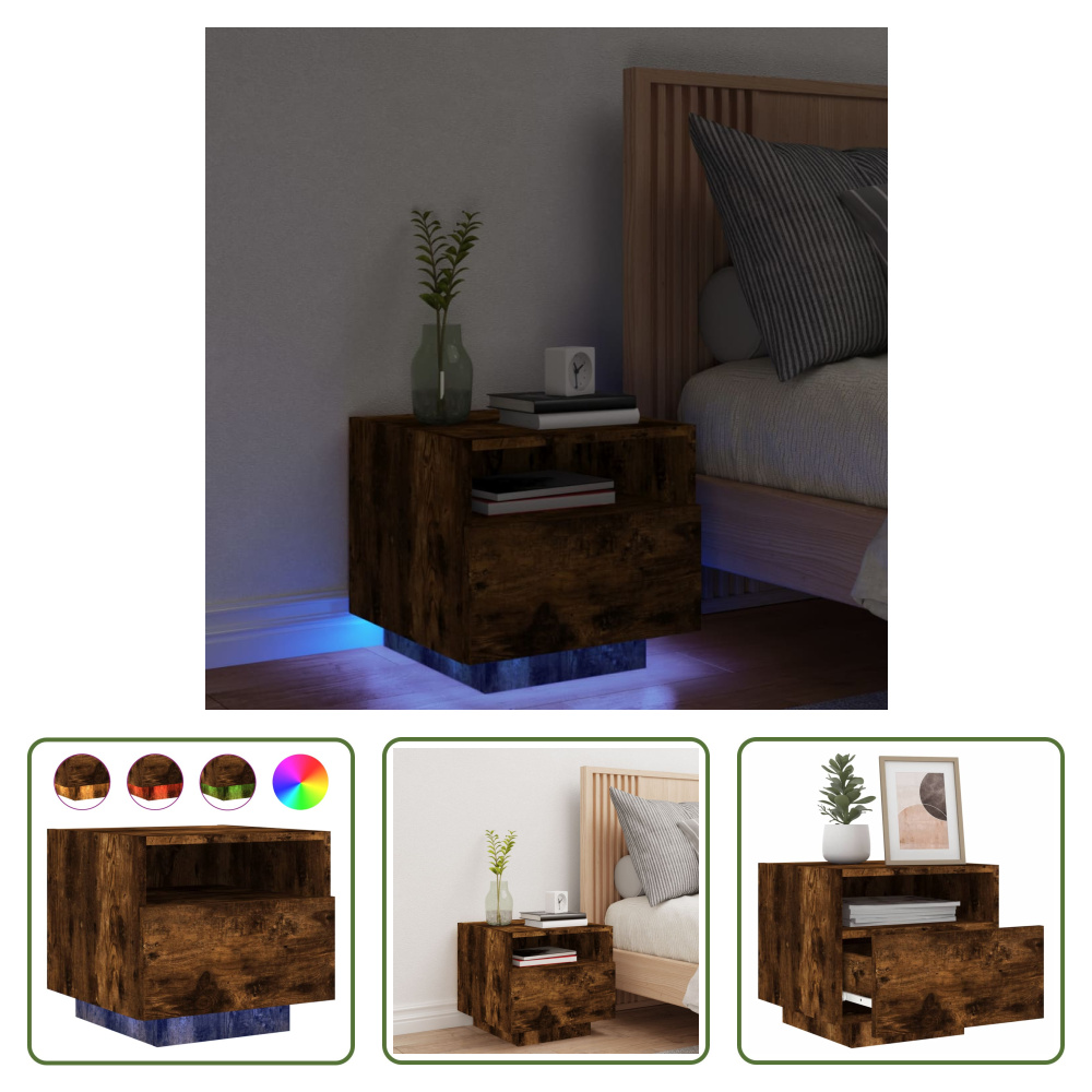 The Living Store szafka nocna z oświetleniem LED dąb wędzony 40x39x37 cm