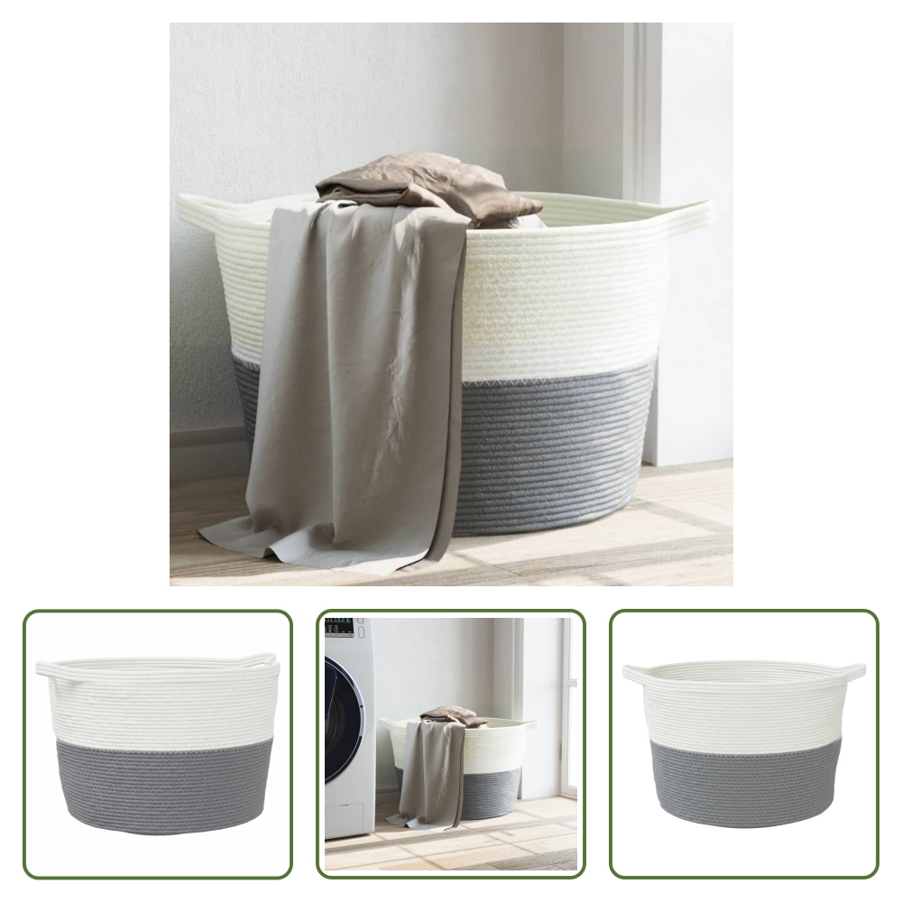 Kosz na pranie The Living Store szaro-biały Ø60x36 cm bawełna