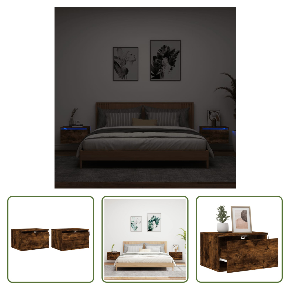 The Living Store Szafki nocne ścienne z oświetleniem LED 2 szt. Dąb wędzony