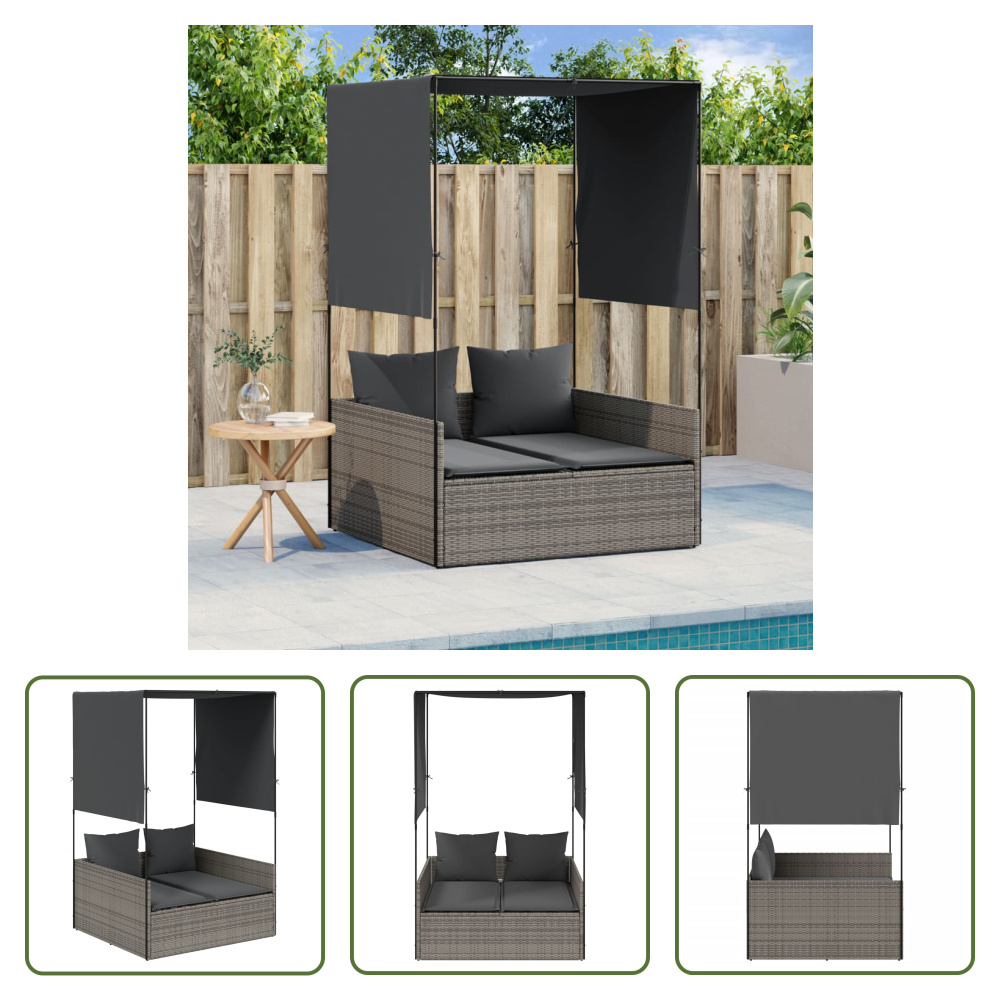 The Living Store Podwójny leżak z daszkiem i zasłonami z szarego polirattanu