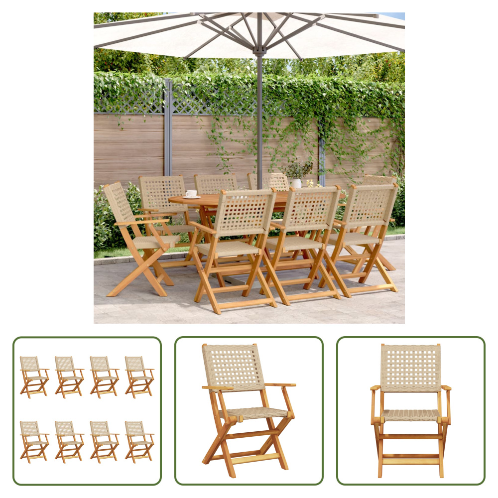The Living Store Krzesła ogrodowe 8 szt. Składane Beżowy Poli Rattan i Lite Drewno