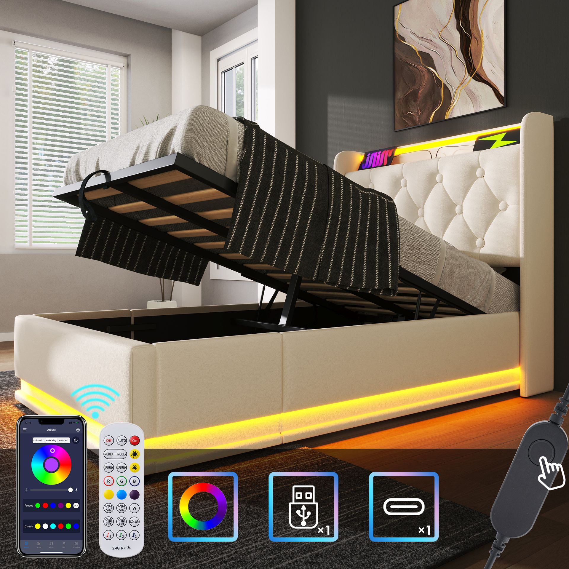 Łóżko tapicerowane Flieks 90x200cm z funkcją ładowania (USB&Typ-c), łóżko młodzieżowe, łóżko jednoosobowe, schowek na pościel z LED, łóżko na sprężynach hydraulicznych, PU, białe