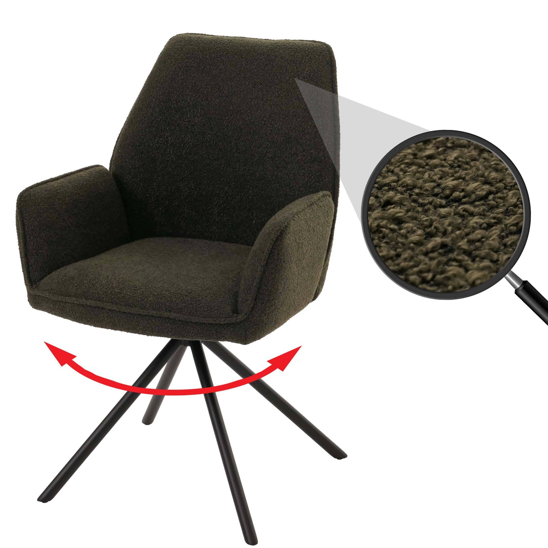 Krzesło do jadalni HWC-G67, podłokietnik krzesła kuchennego, automatyczna pozycja obrotowa, tkanina/tekstylia bouclé Oeko-Tex MVG ~ oliwkowa zieleń