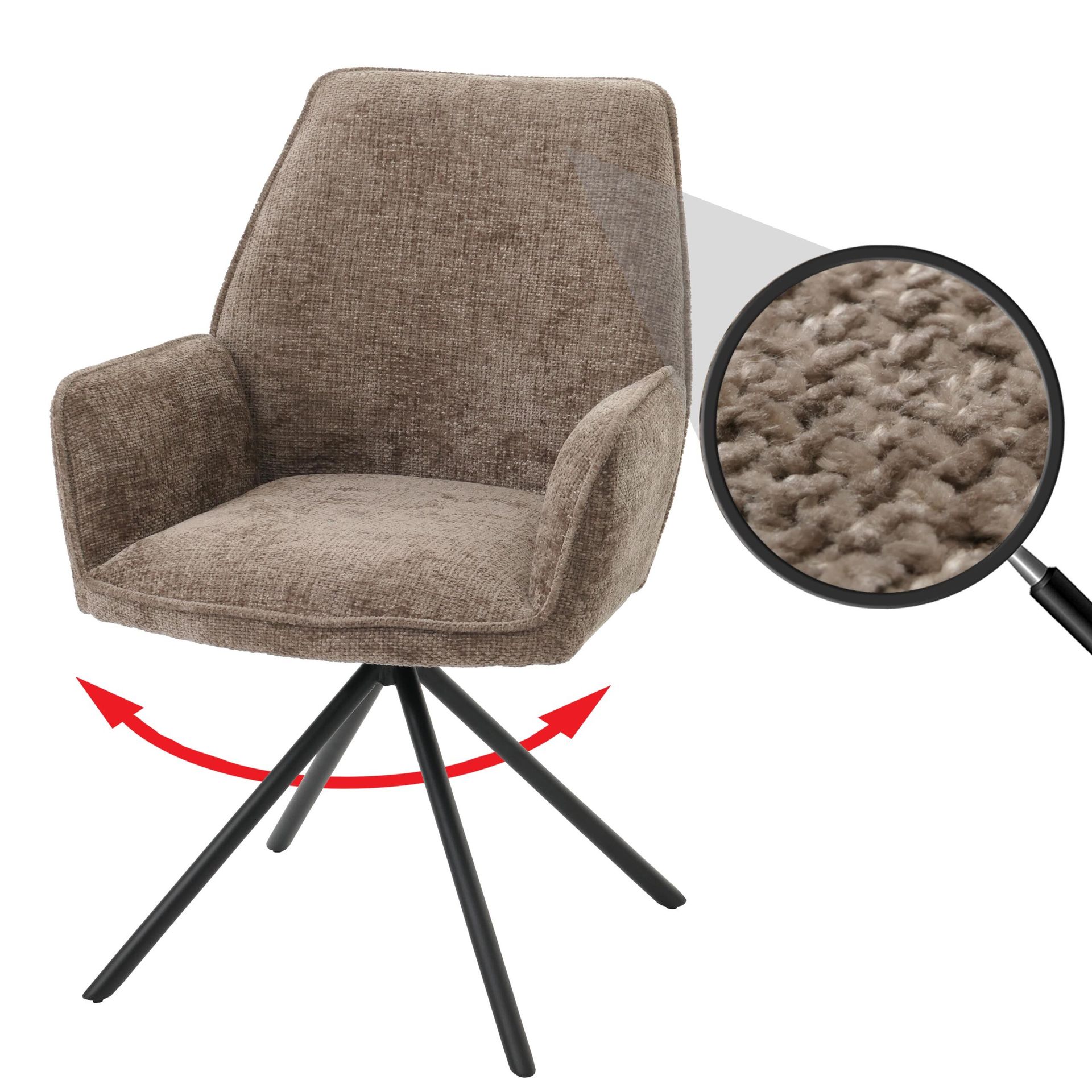 Krzesło do jadalni HWC-G67, krzesło kuchenne Krzesło z podłokietnikiem, pozycja obrotowa automatyczna, szenil Oeko-Tex MVG ~ brązowy