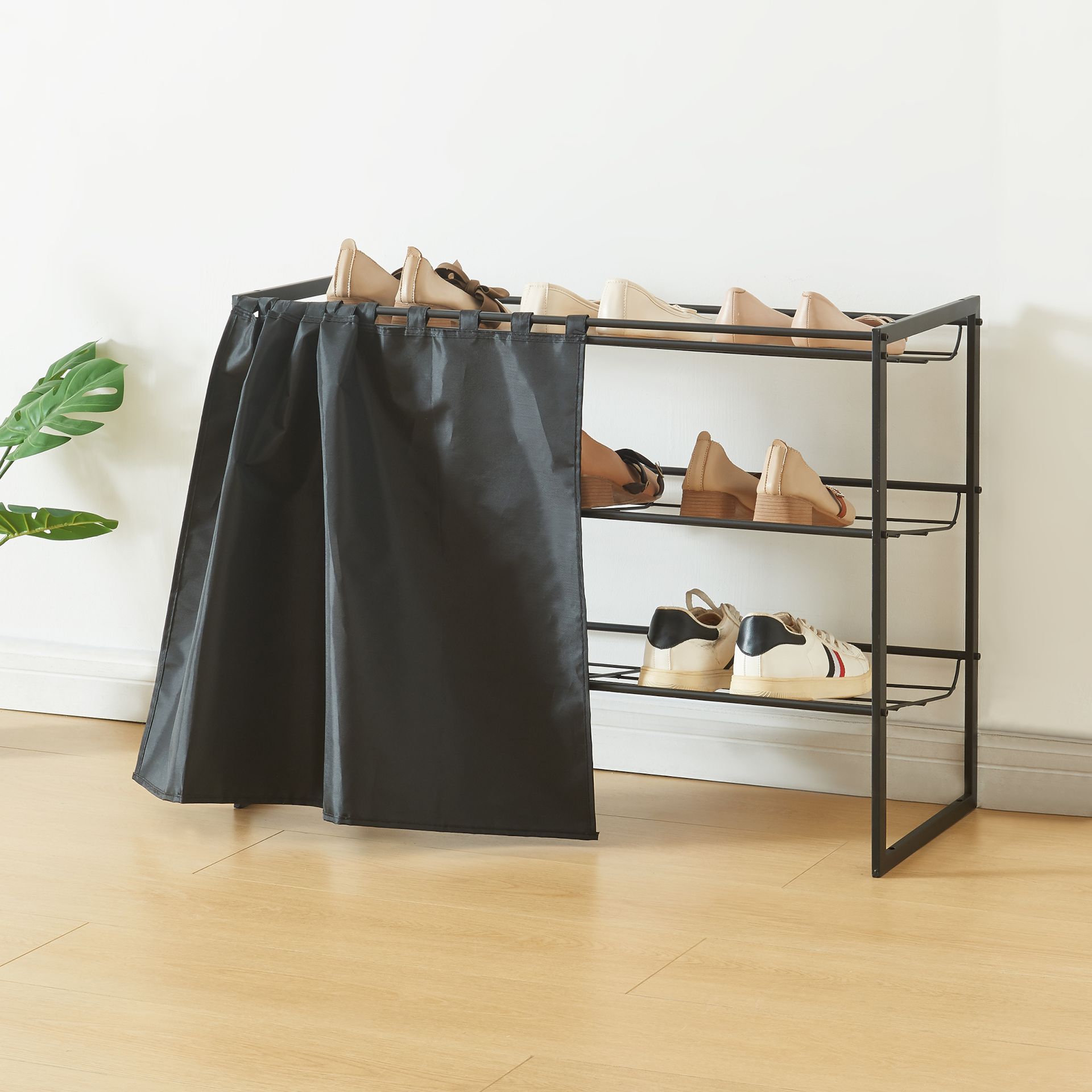 Stojak na buty 'Sel' z zasłoną na 9 par butów Metalowy 80 x 32 x 60 cm Czarny