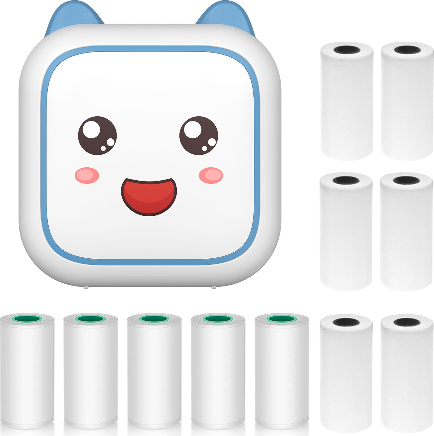 Mini drukarka termiczna do naklejek, natychmiastowe drukowanie zdjęć przez Bluetooth, do smartfonów z 6 rolkami papieru 57 mm + 5 samoprzylepnych rolek papieru