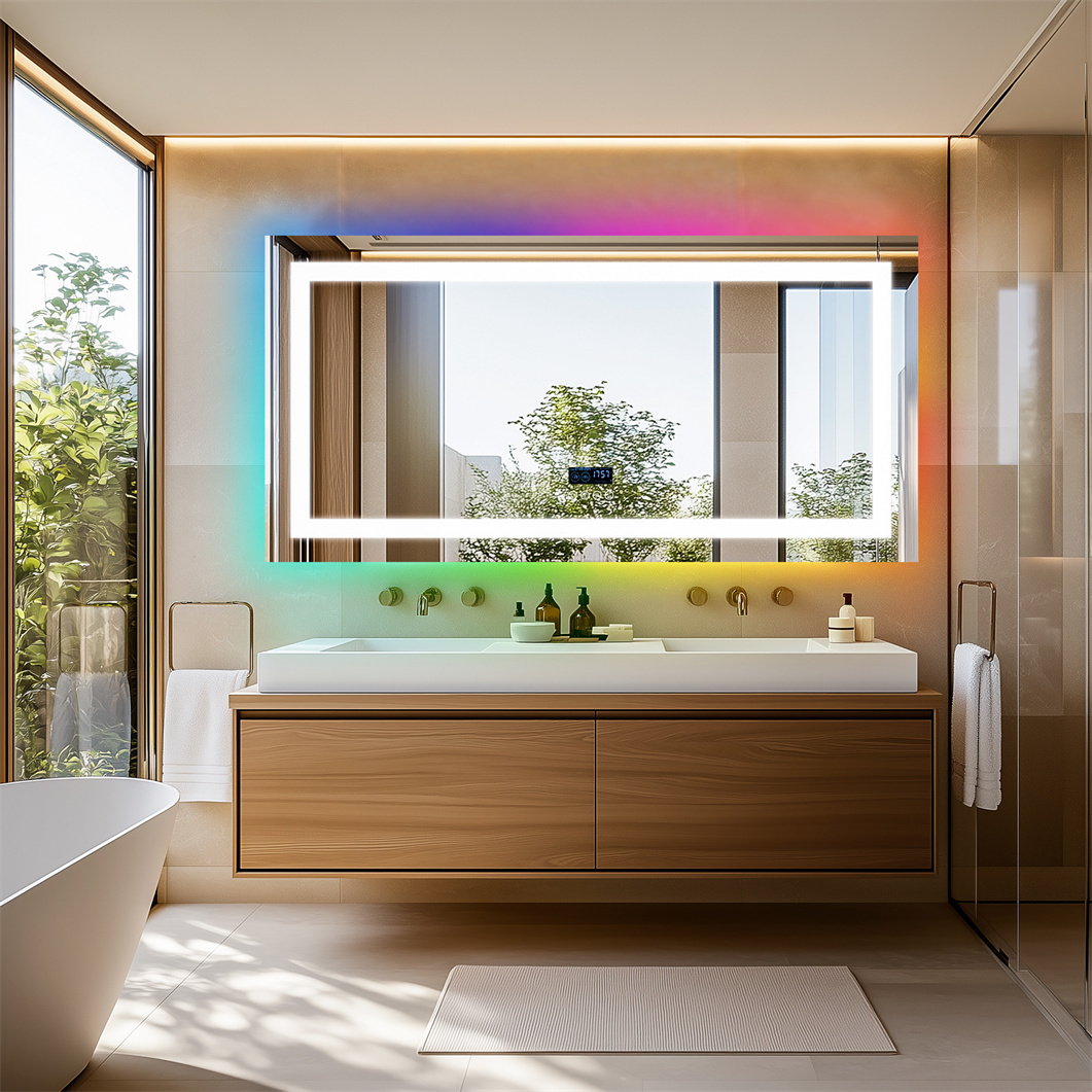 Lustro łazienkowe WISFOR LED z głośnikiem Bluetooth, 120×60 cm lustro ścienne RGB lustro łazienkowe z oświetleniem ściemnianym bezmgielnym przełącznikiem dotykowym