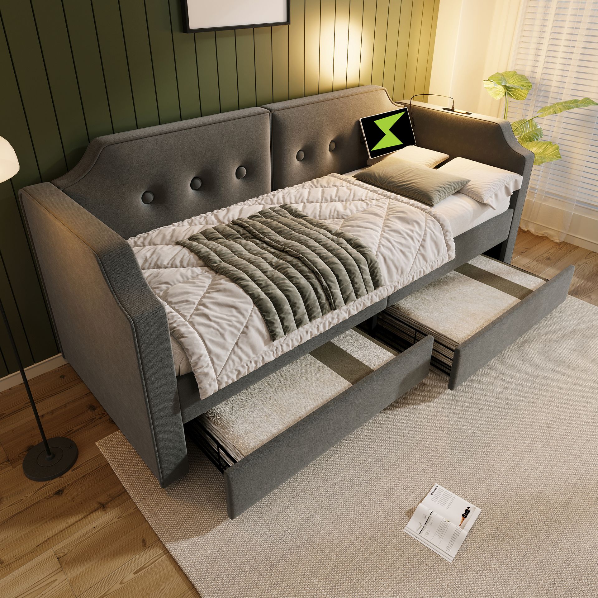 Flieks rozkładana sofa tapicerowana 90x200cm z USB i lampką do czytania, łóżko do przechowywania, łóżko pojedyncze z 2 szufladami, funkcjonalne łóżko dzienne rozkładana sofa, aksamit, szary