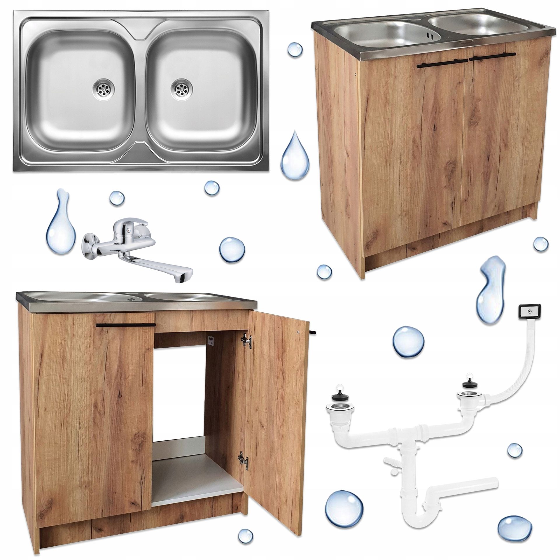 Stamar Szafka kuchenna dąb złoty 80 cm, zlewozmywak dwukomorowy, bateria ścienna, syfon chromowany