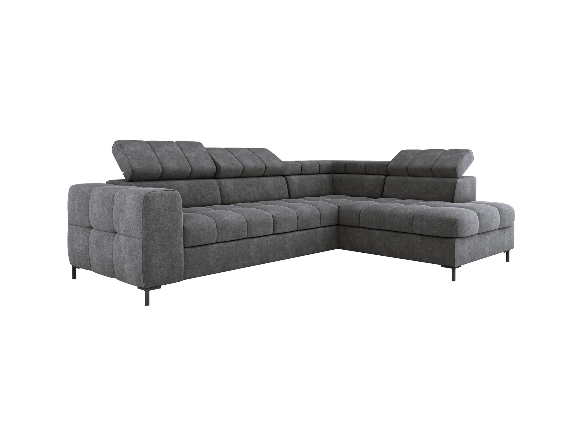 Nowoczesny narożnik PABLO 279x201 cm, rozkładana sofa z regulowanymi zagłówkami, pojemnik na pościel, solidne metalowe nóżki, wysokiej jakości tkanina VOGUE w różnych kolorach lewy układ, kolor SZARY