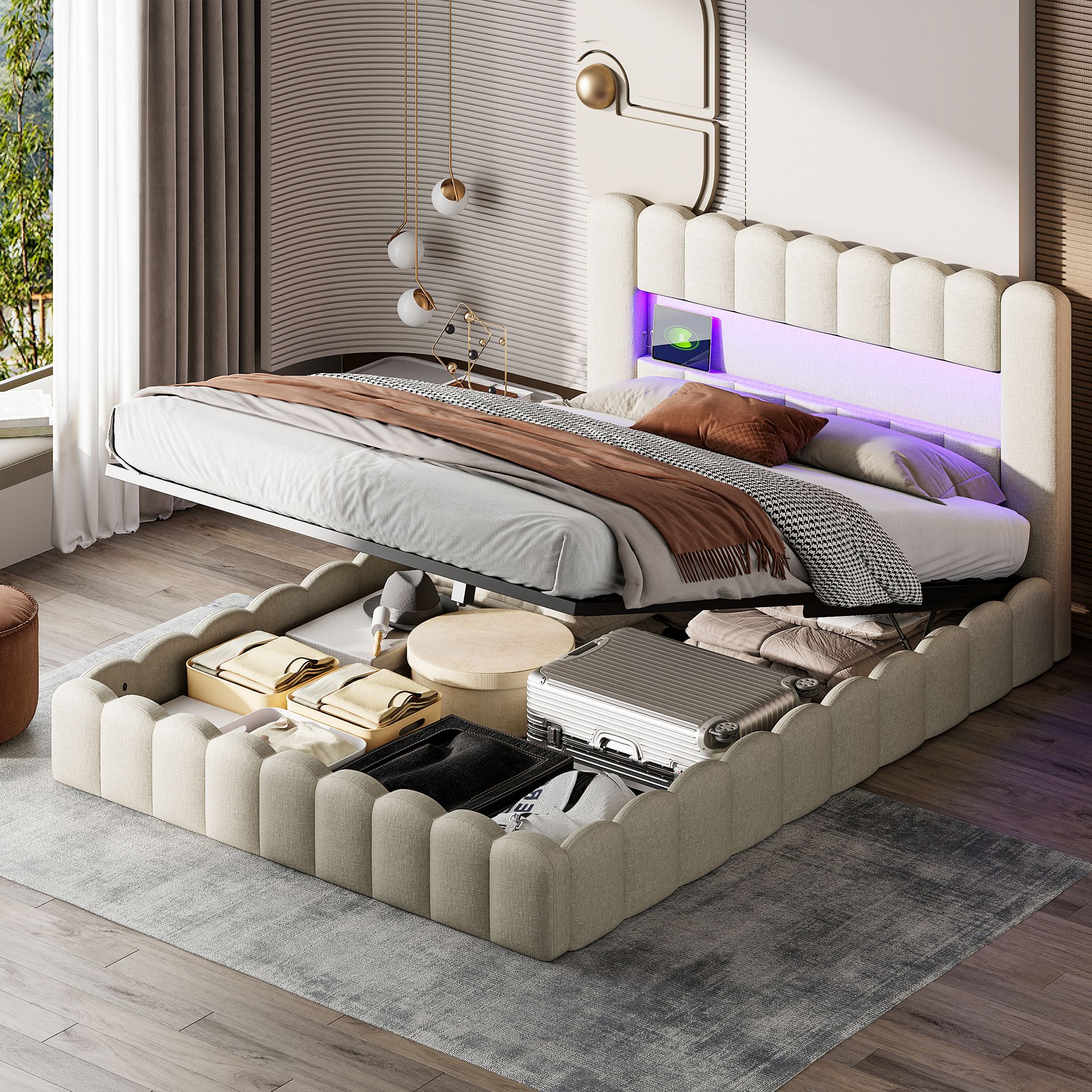 Łóżko tapicerowane Fortuna Lai 180x200cm z USB, łóżko młodzieżowe podwójne ze stelażem listwowym i schowkiem, łóżko do przechowywania z LED, pościel, beżowe