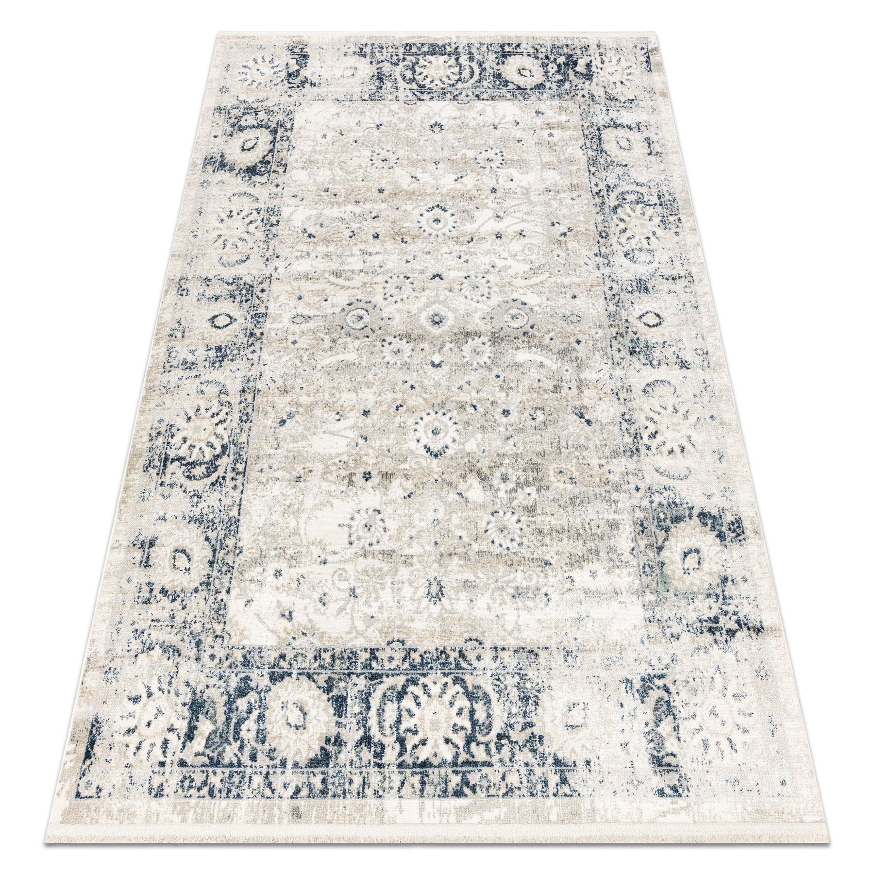 Dywan DISTIN 0843A biały / granatowy / nowoczesny - Ornament, ramka, vintage, frędzle niebieski 160x230 cm