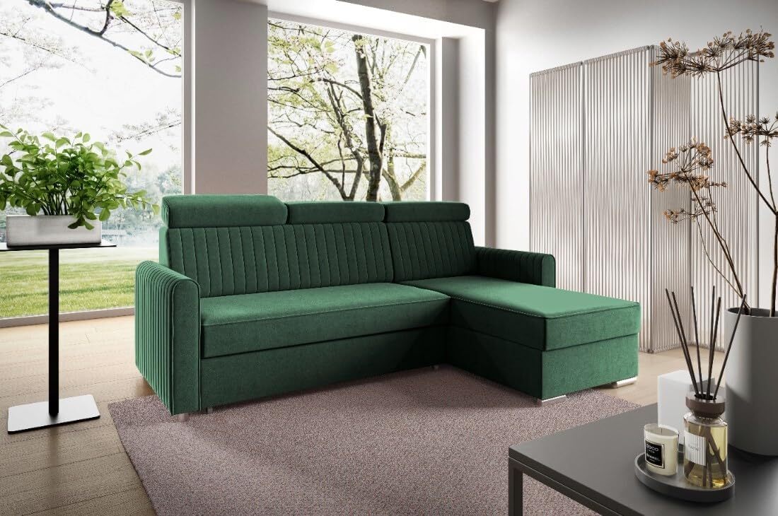 LIKMA Narożnik 213 cm Butelkowa Zieleń Rozkładany NELI Kształt L z Funkcją Spania (190x125 cm) i Pojemnikiem na Pościel Sofa z Regulowanymi Zagłówkami