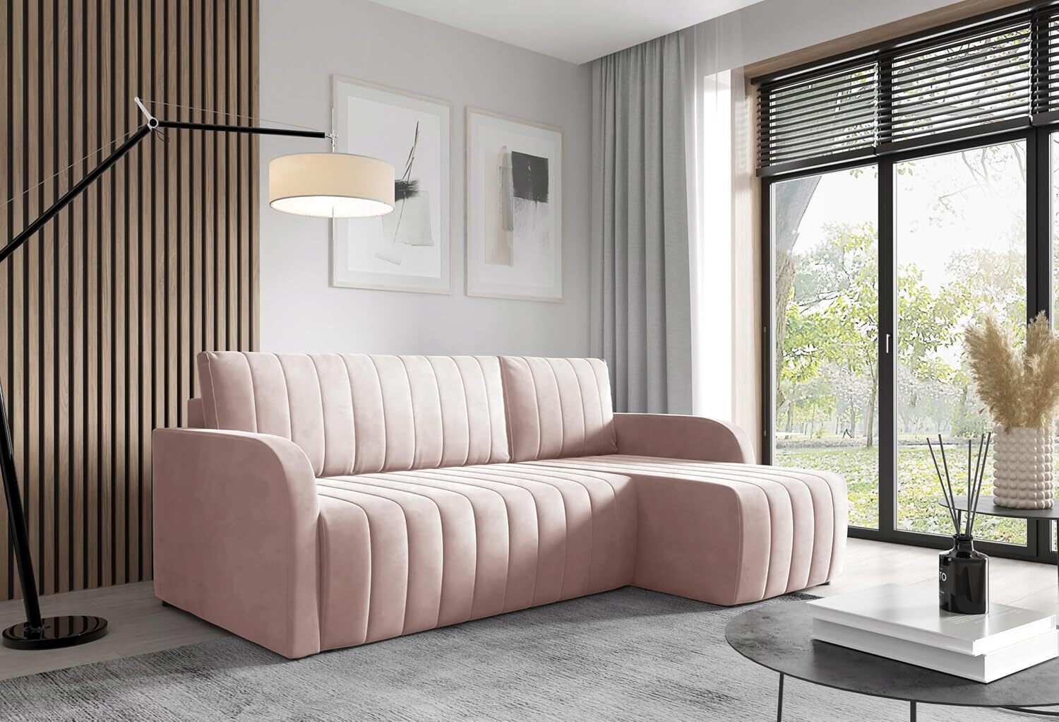 LIKMA Narożnik 224 cm Różowy Rozkładany Otto Kształt L z Funkcją Spania (200x140 cm) i Pojemnikiem na Pościel Tapicerowana Sofa