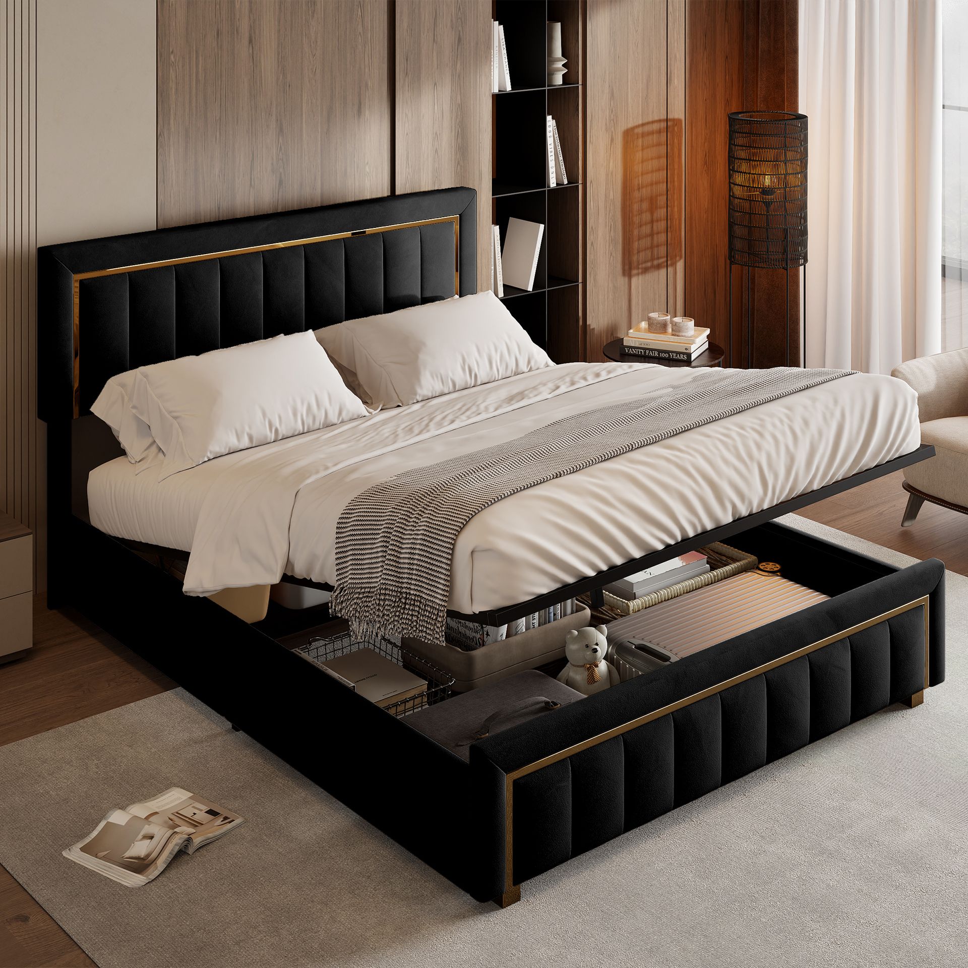 Łóżko tapicerowane Fortuna Lai 140x200cm, funkcjonalne łóżko do przechowywania, łóżko podwójne, hydraulicznie podnoszona podstawa łóżka i stelaż z listew, aksamit, czarny