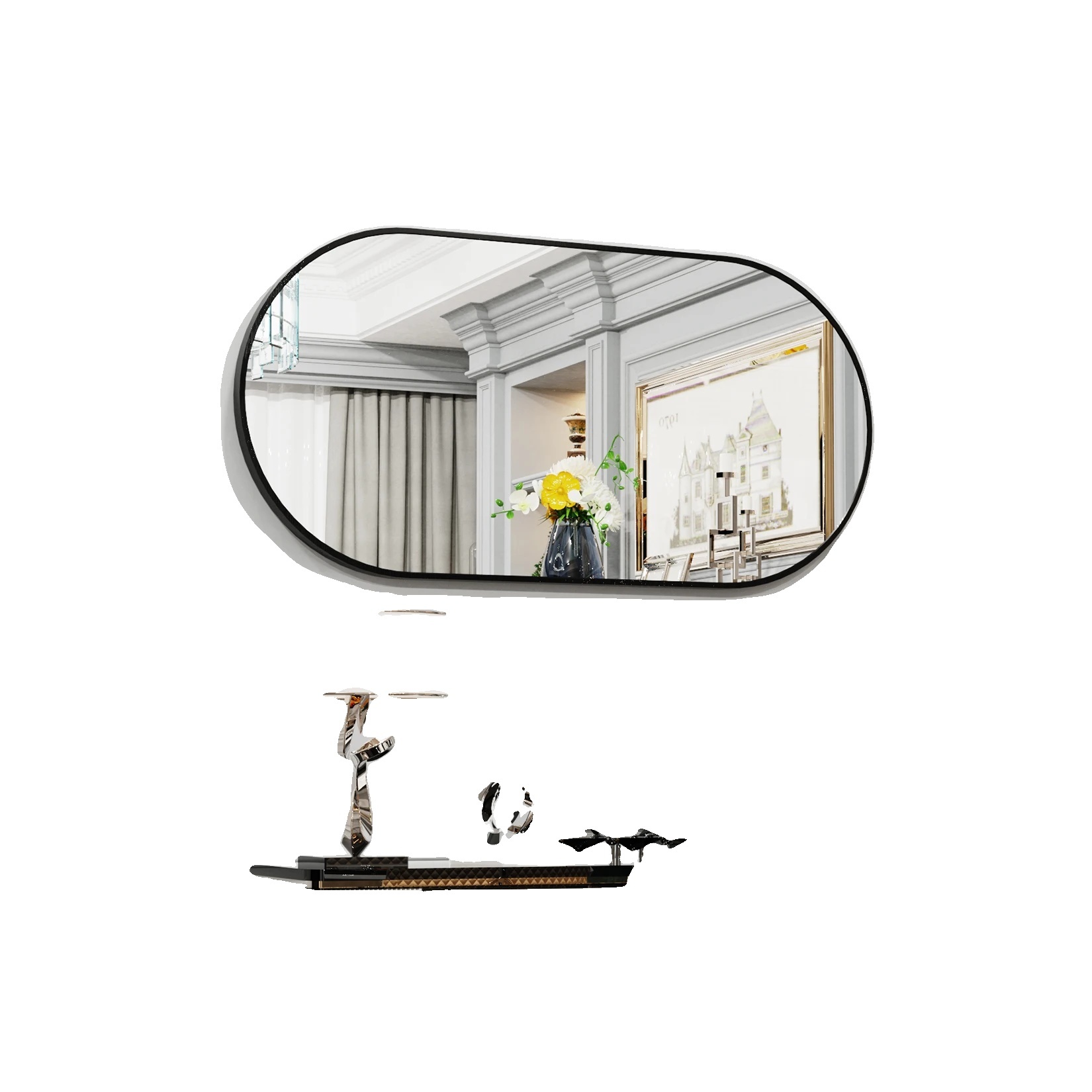 Owalne czarne lustro, elegancki design, wierne odbicie, łatwy montaż, czarne