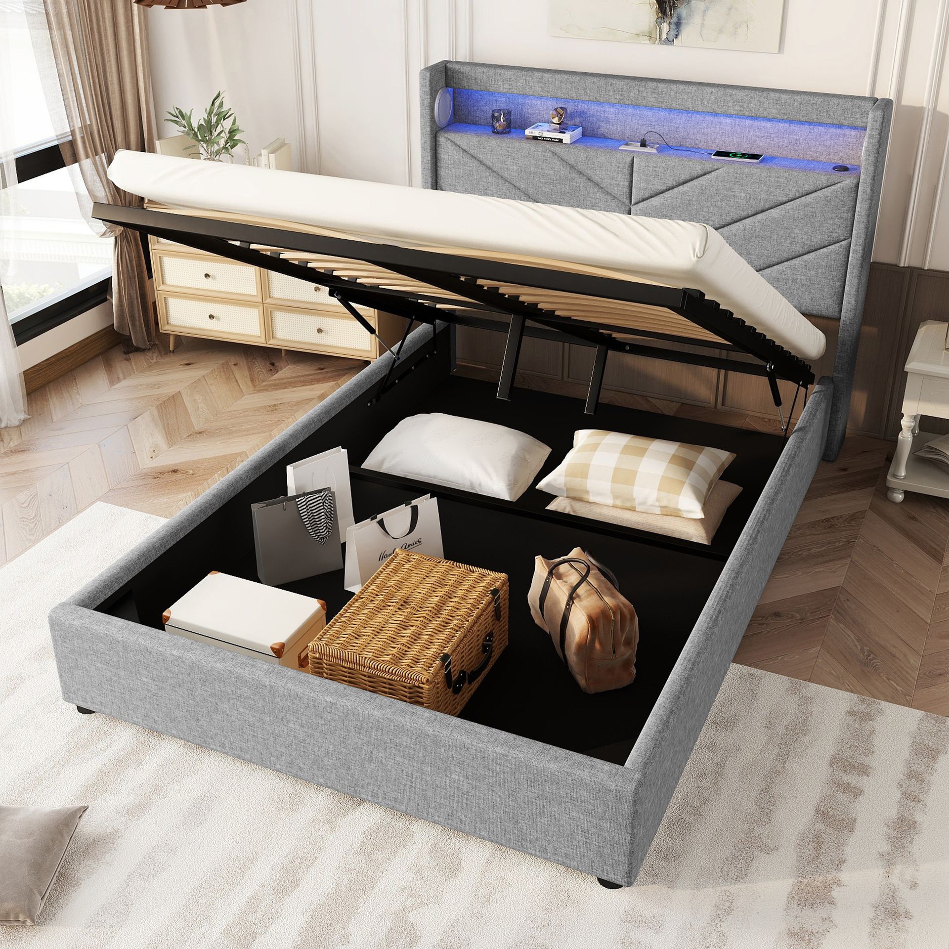 Hydrauliczne łóżko tapicerowane Flieks 140x190cm z systemem stereo, łóżko na sprężynach skrzyniowych z USB i Led, podwójne łóżko młodzieżowe ze stelażem listwowym, pościel