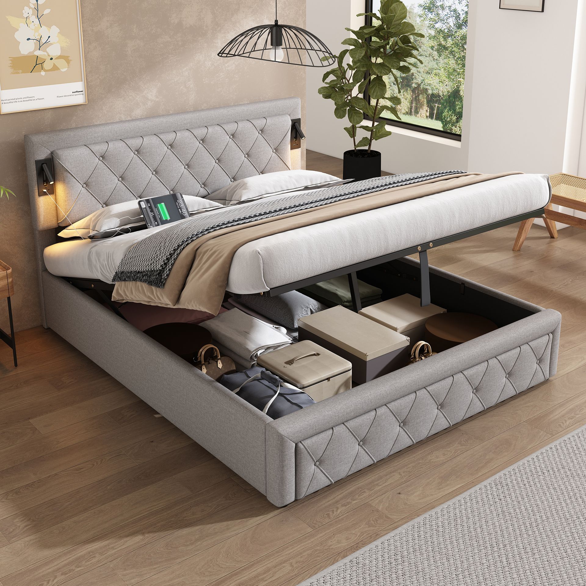 Flieks łóżko tapicerowane hydrauliczne 160x200cm z USB i Type-C, łóżko na sprężynach skrzyniowych łóżko podwójne z oświetleniem, łóżko do przechowywania łóżko drewniane łóżko młodzieżowe, pościel, szary