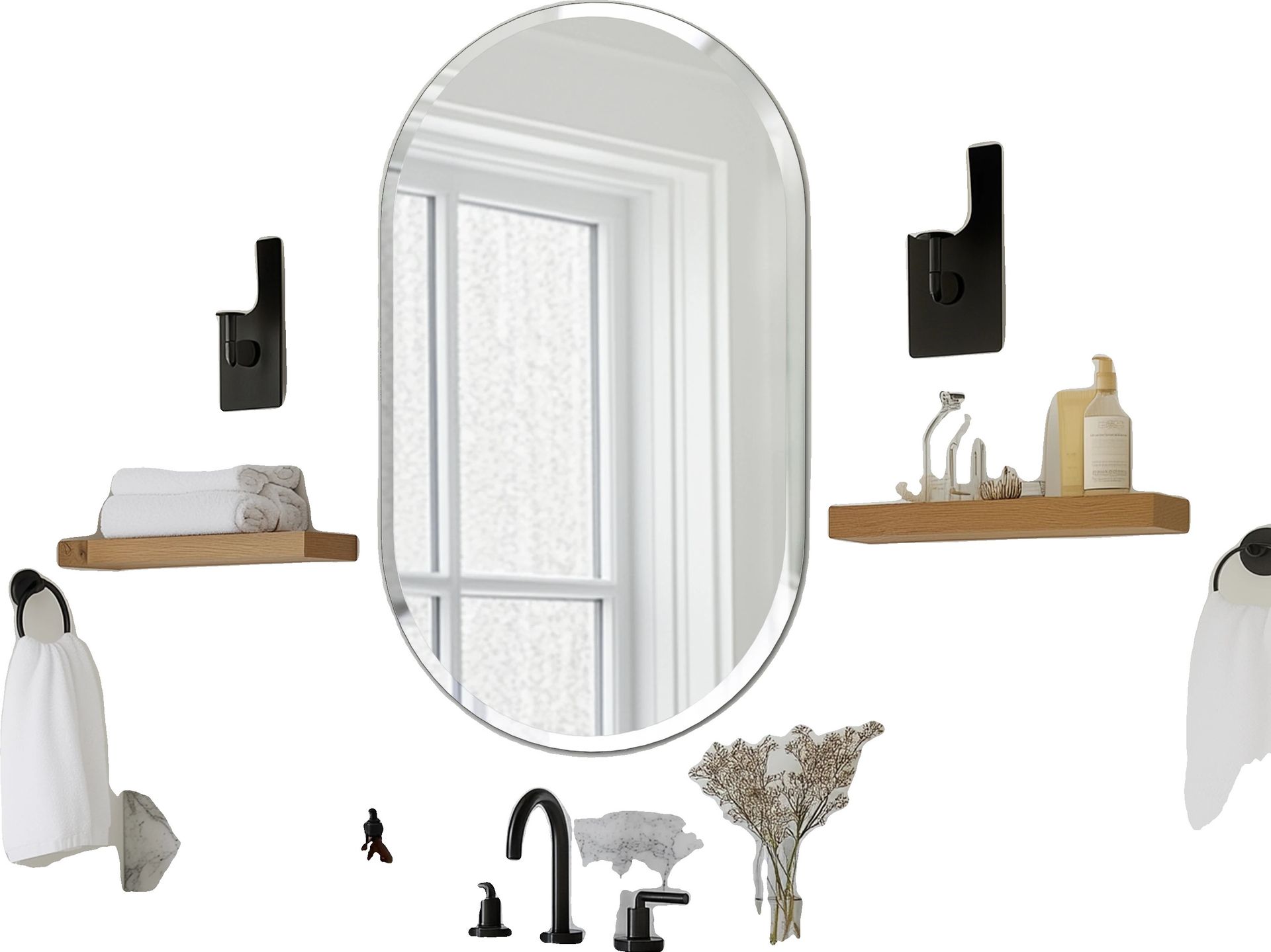 Owalne bezramowe lustro łazienkowe, wytrzymałe szkło, minimalistyczny styl, 40x20 cali