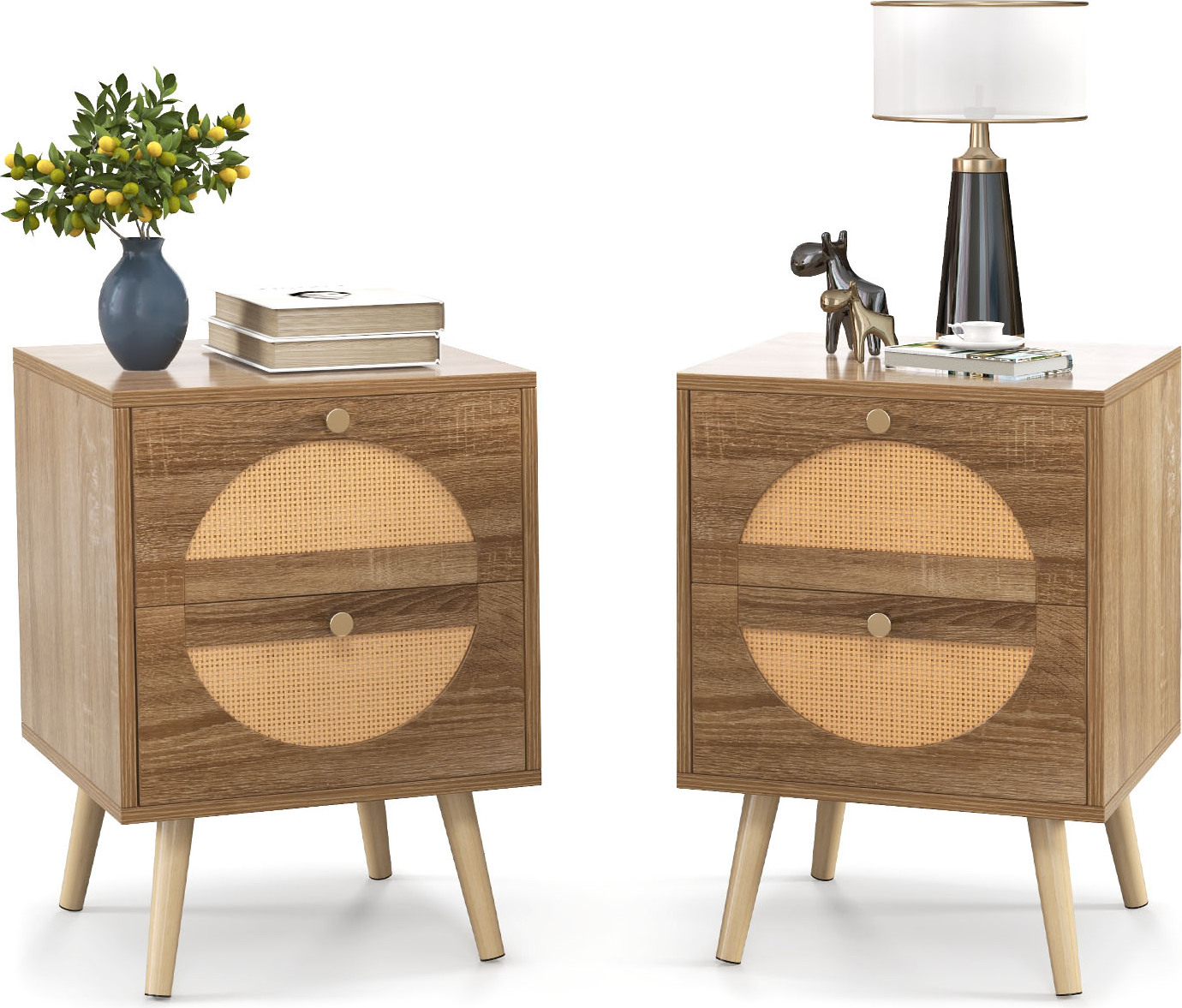 COSTWAY stolik nocny rattan zestaw 2, szafka nocna z 2 szufladami, stolik boczny z nogami, stolik do sofy, konsola nocna w stylu boho 40x40x56cm