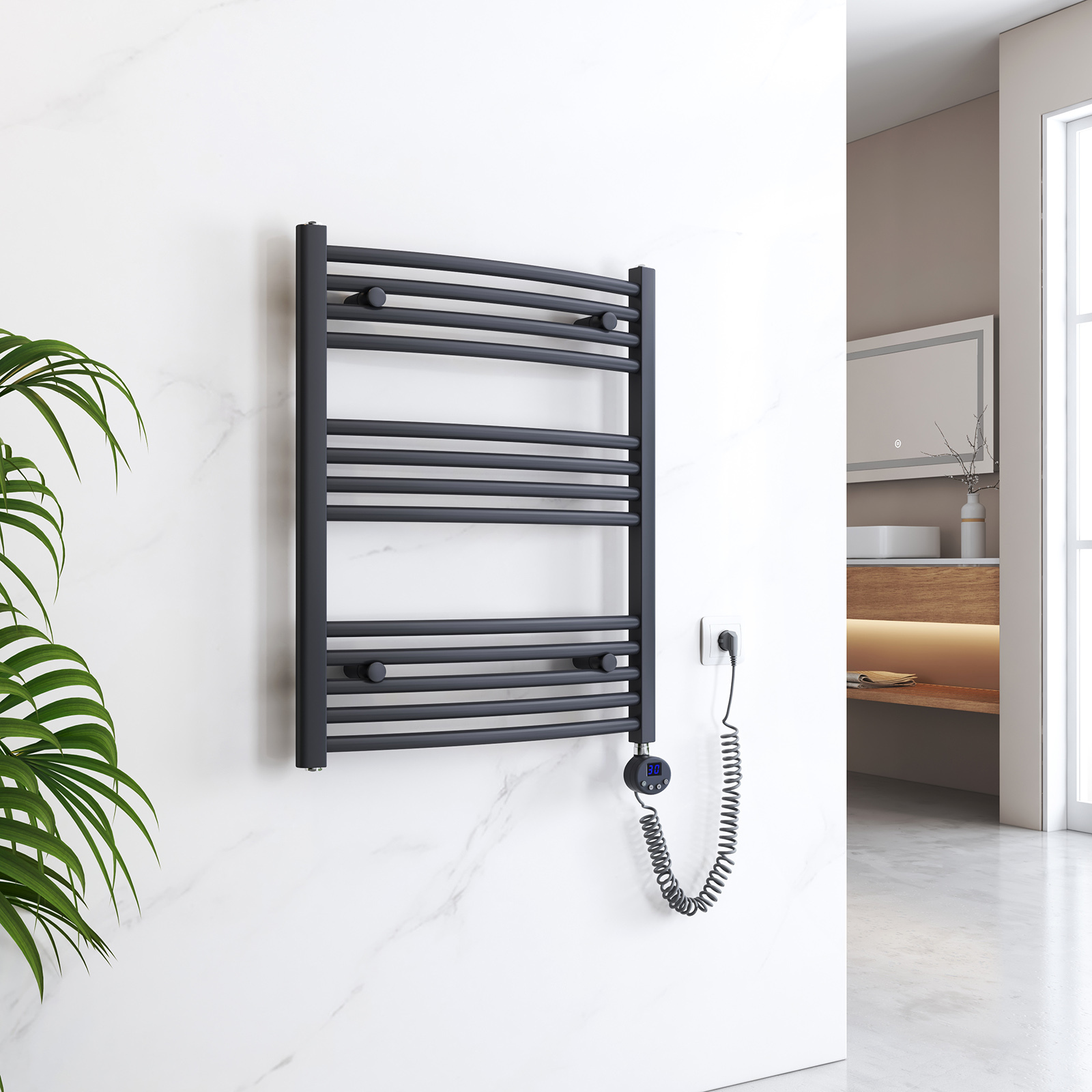 EMKE Elektryczny grzejnik łazienkowy z termostatem, zakrzywiony podgrzewacz do ręczników z elementem grzejnym, antracyt, 750 x 600 mm, 300 W