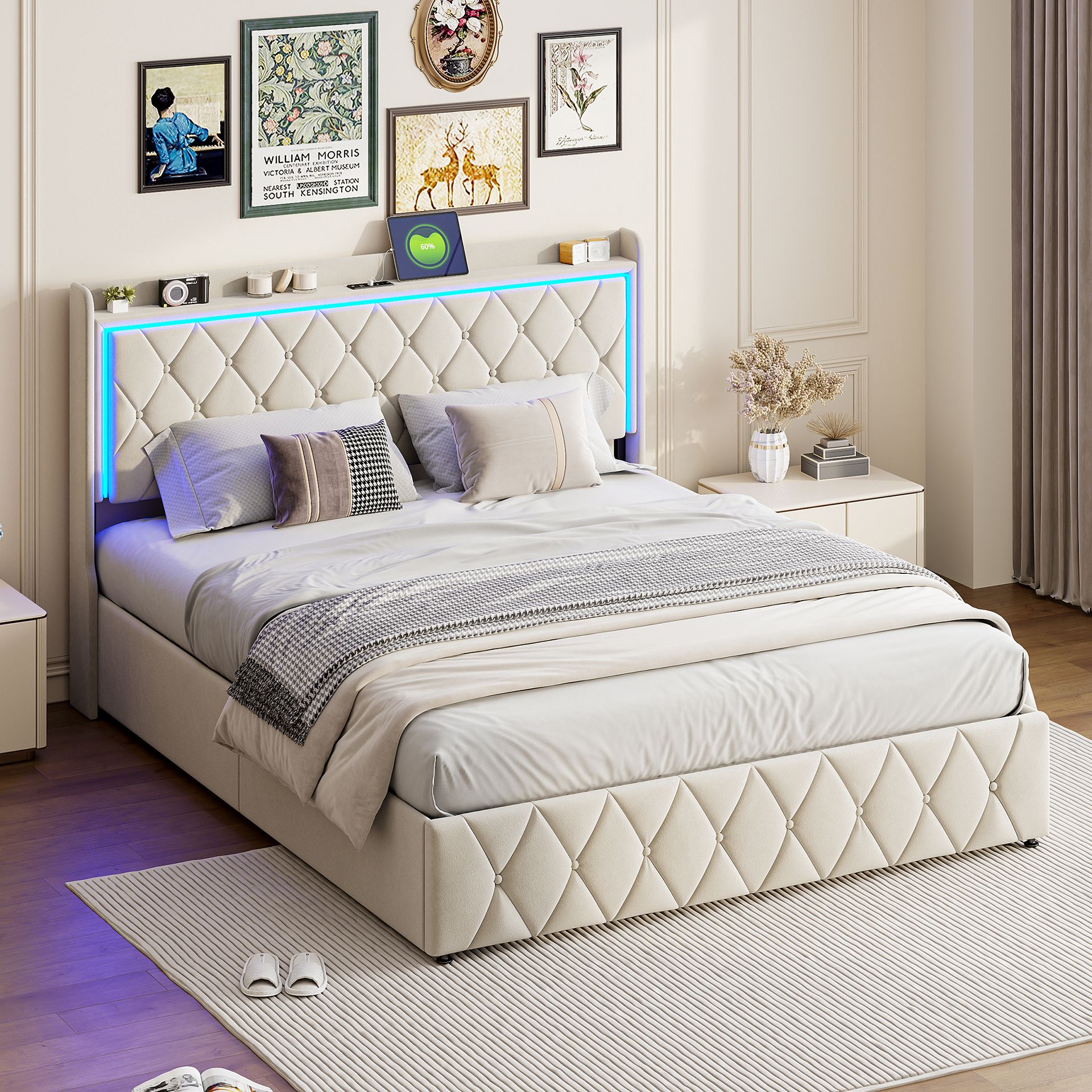 Fortuna Lai łóżko tapicerowane z oświetleniem LED i ładowaniem USB łóżko podwójne łóżko na sprężynach łóżko drewniane 160x200cm łóżko do przechowywania aksamitny beż