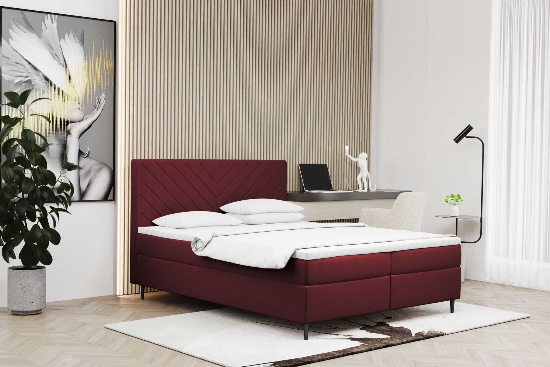 Łóżko skrzyniowe, materac i nakładka RUGIA, tkanina Matt Velvet, wiele kolorów Czerwone Wino 140x200 cm