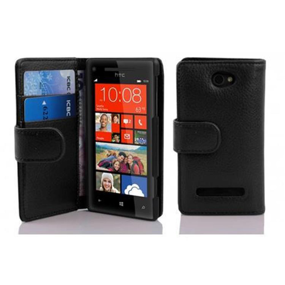 Etui Cadorabo do HTC 8S w kolorze OXID BLACK Etui na telefon komórkowy wykonane z teksturowanej sztucznej skóry z funkcją podstawki i miejscem na kartę Etui Etui ochronne Etui z klapką w stylu książki