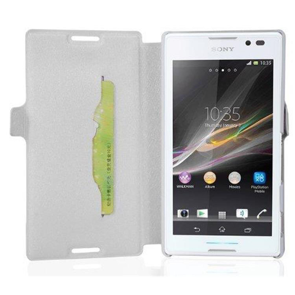 Cadorabo pokrowiec do Sony Xperia C - pokrowiec w kolorze ICY WHITE ? Etui na telefon komórkowy z funkcją podstawki i kieszenią na kartę w ultra cienkiej obudowie - Etui Etui ochronne Etui Książka