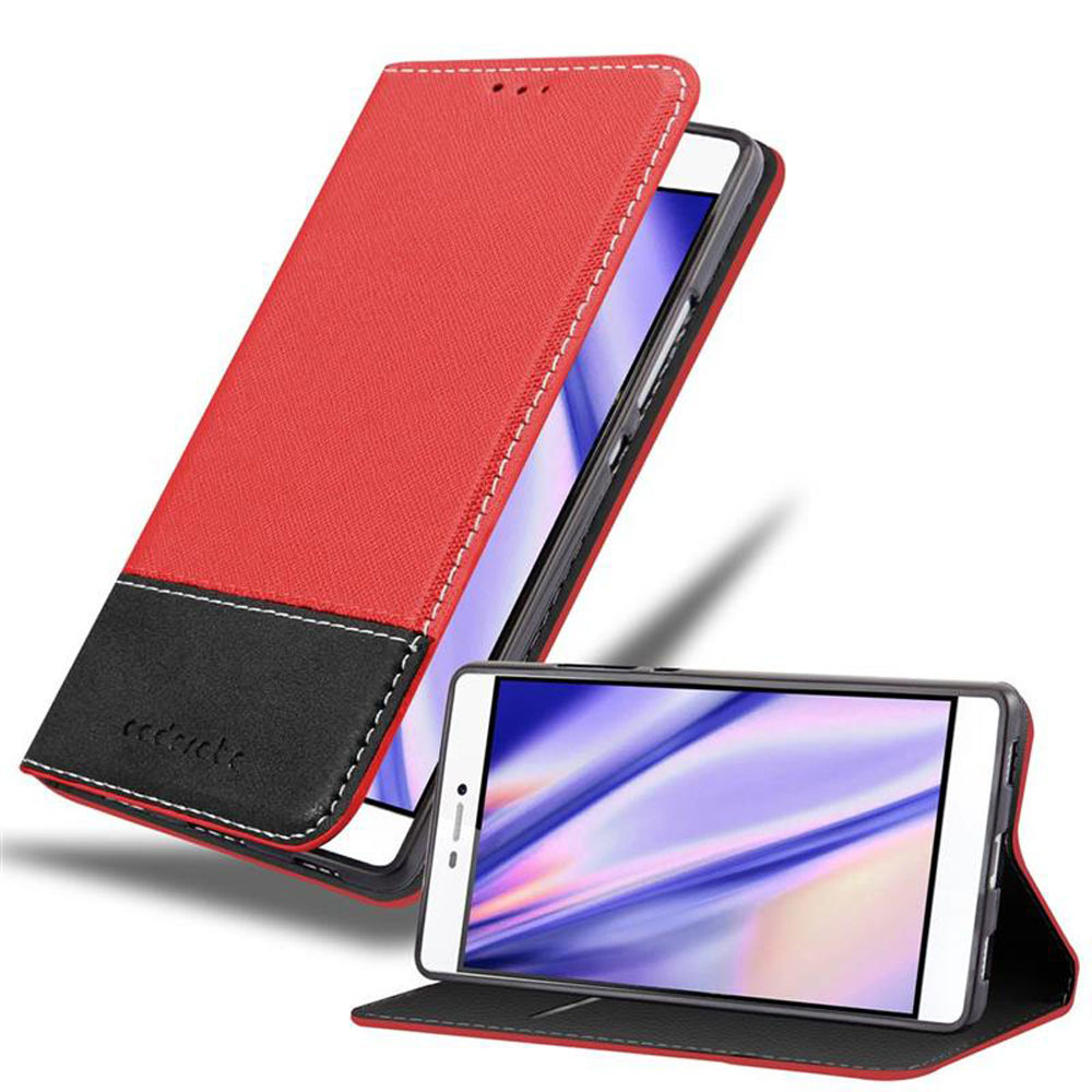 Etui Cadorabo do Huawei P8 w kolorze CZERWONYM CZARNYM Etui na telefon komórkowy z magnetycznym zamknięciem, funkcją podstawki i miejscem na kartę Etui Etui ochronne Etui z klapką w stylu książki