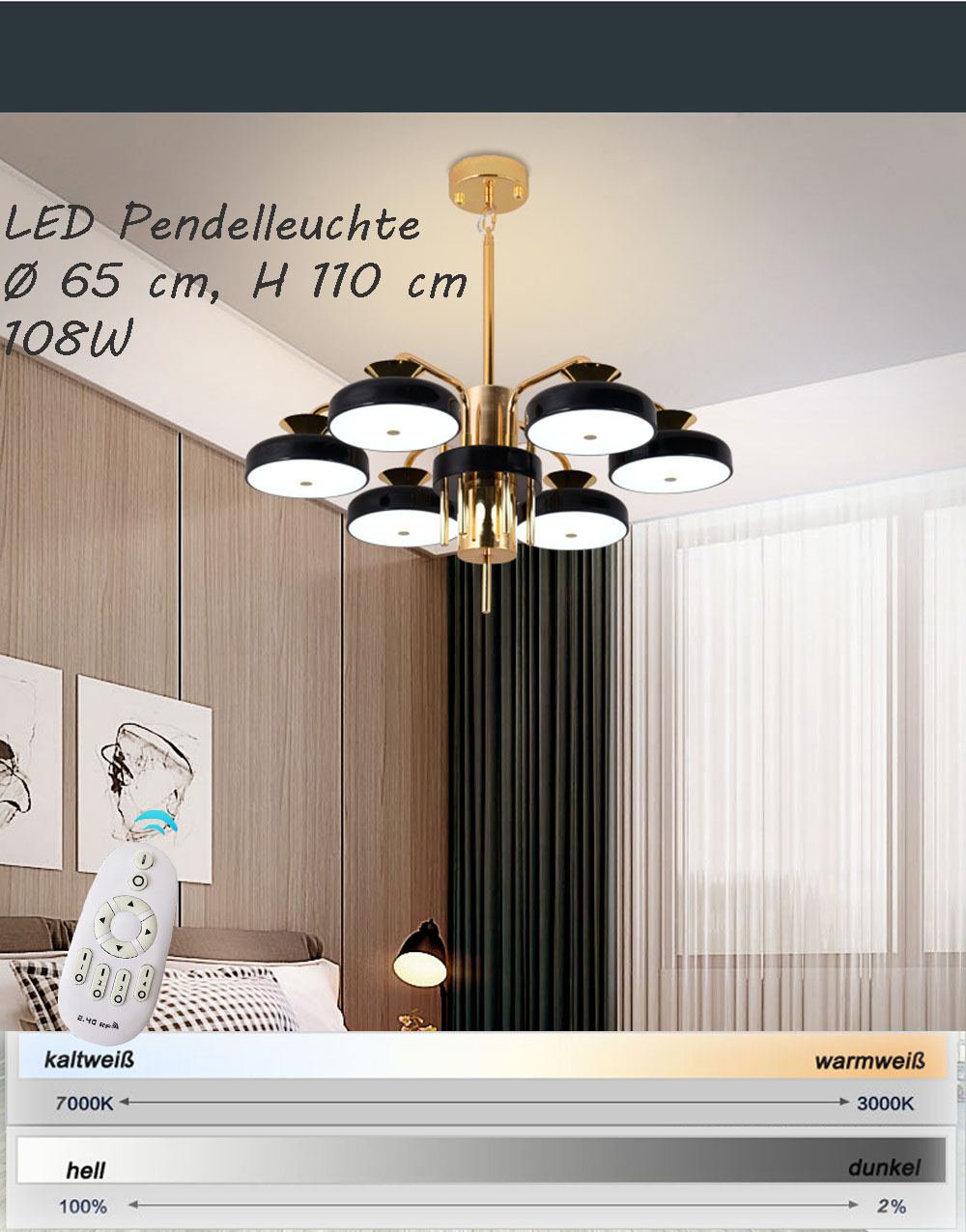 Lampa sufitowa LED XW816-6H z pilotem Regulacja barwy światła/jasności Akrylowy klosz czarny/