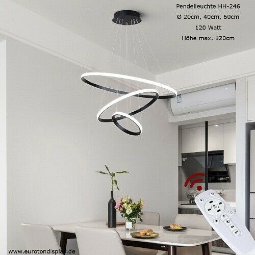 HH-246 Eurotondisplay Lampa wisząca LED 3 pierścienie 20*40*60cm z pilotem Kolor światła Jasność regulowana bezstopniowo Możliwość ściemniania 120 Watt Lampa sufitowa LED z regulacją wysokości 120cm Lampa wisząca design A+