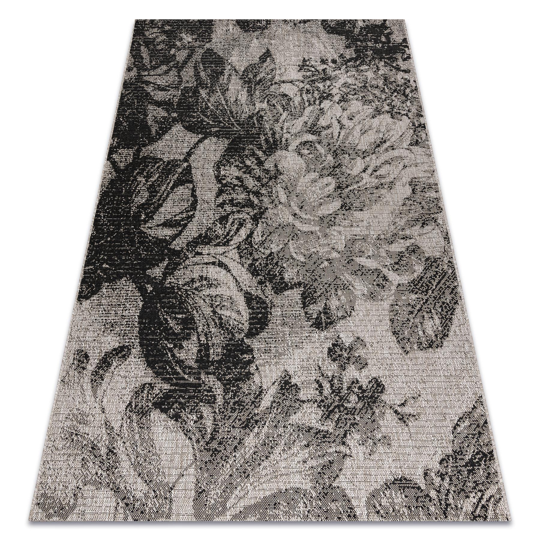 DYWAN SZNURKOWY SIZAL FLOORLUX 20491 KWIATY srebrny / czarny beżowy 80x150 cm