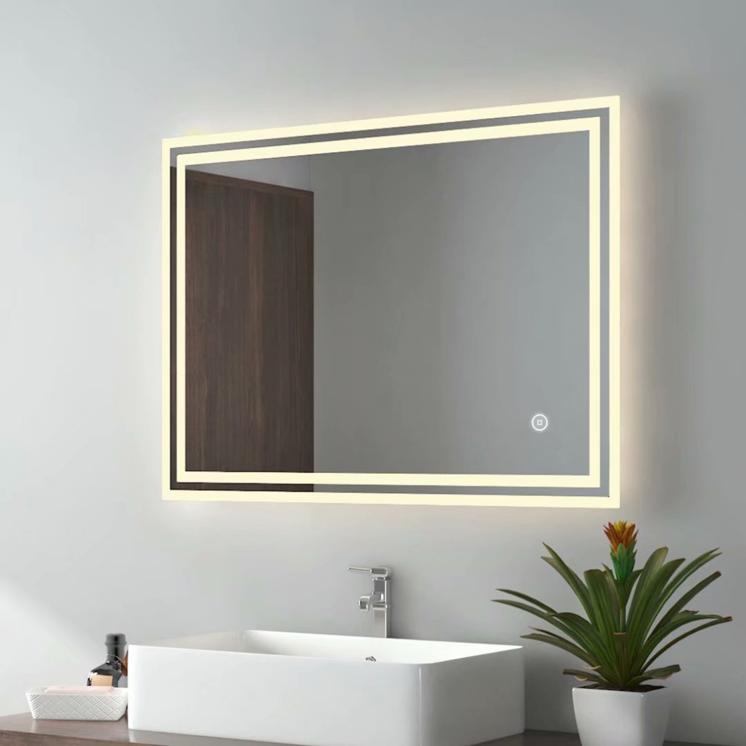 EMKE Lustro łazienkowe LED 80x60cm lustro łazienkowe z oświetleniem 3 barwy światła 3000-6400K zimne białe neutralne ciepłe białe światło lustro łazienkowe z włącznikiem dotykowym + przeciwmgielne IP44 energooszczędne