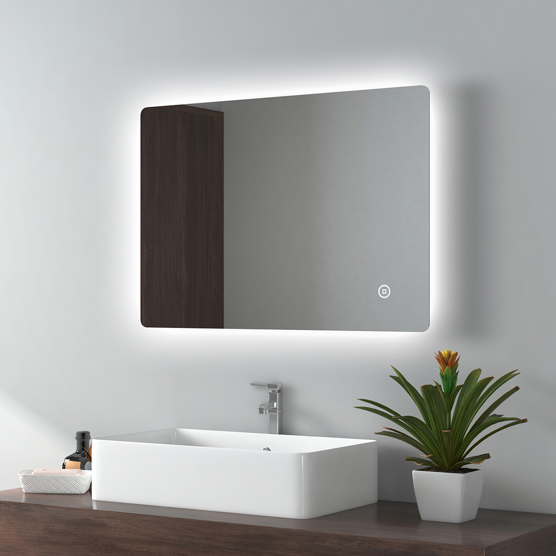 EMKE Lustro łazienkowe LED 50x70cm Lustro łazienkowe z oświetleniem zimna biel Podświetlane lustro łazienkowe Lustro ścienne z włącznikiem dotykowym IP44 Energooszczędne